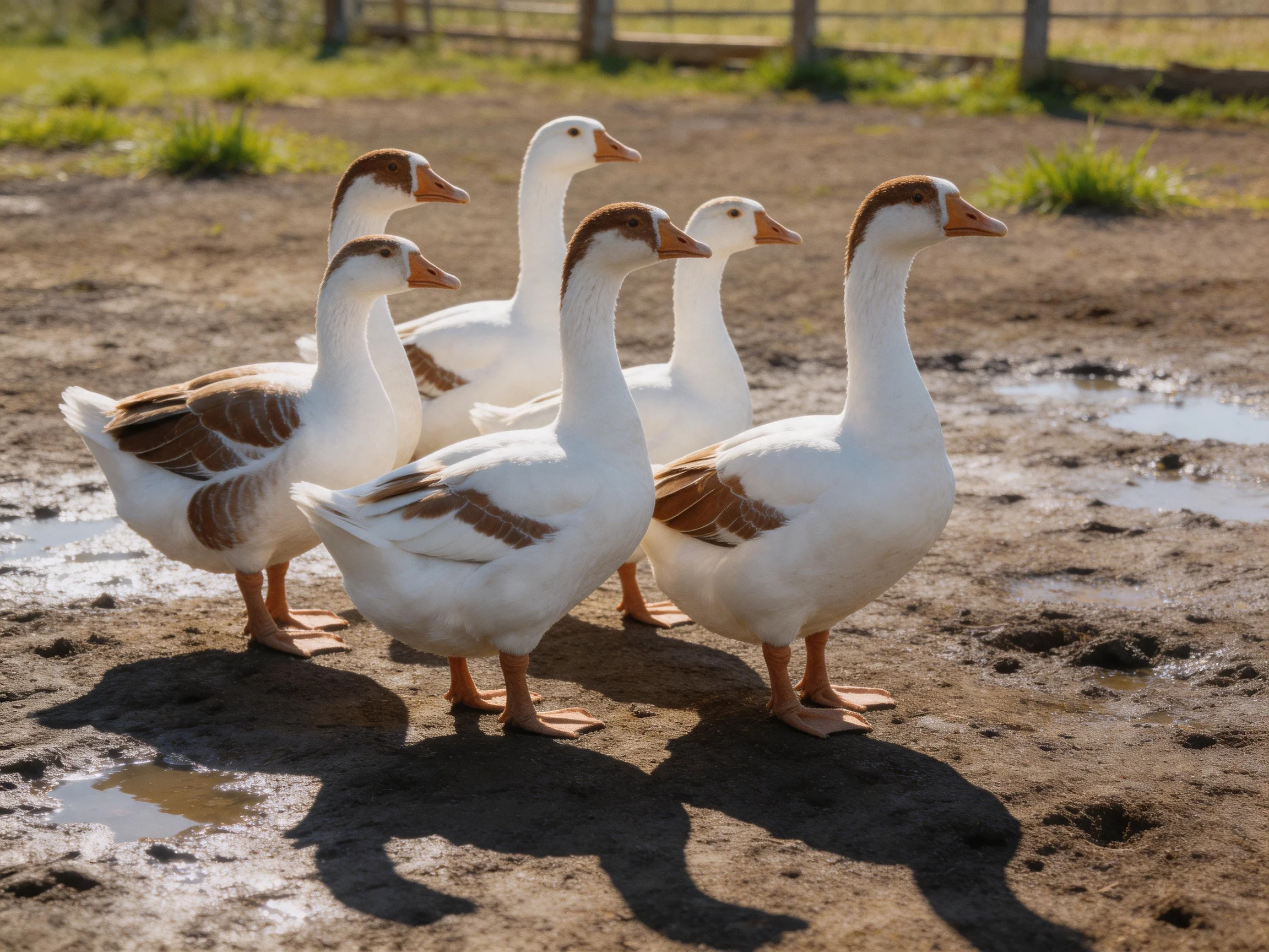 Five white geese with brown markings on muddy farm ground