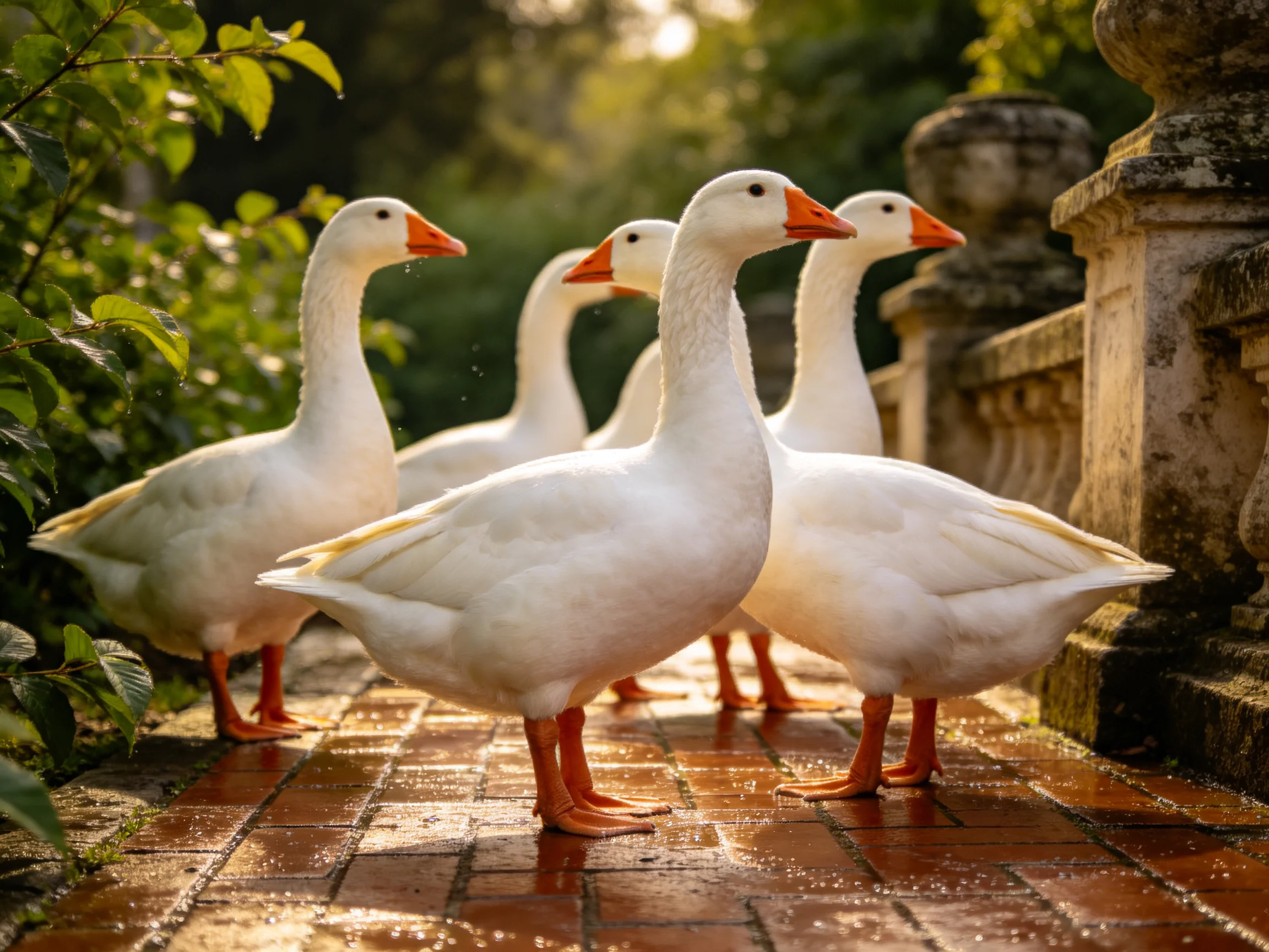 Five white geese with orange beaks on a wet brick pathway