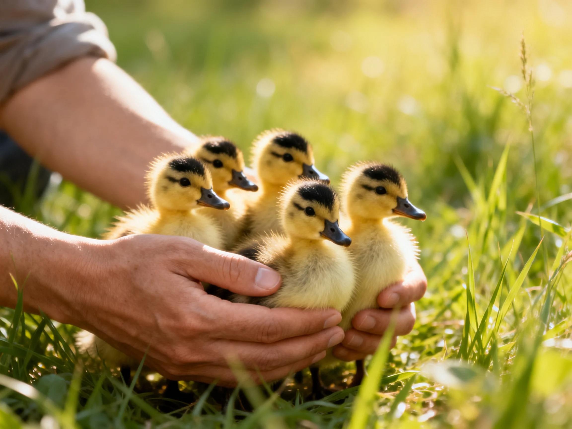 Five yellow ducklings cradled in human hands amid tall green grass