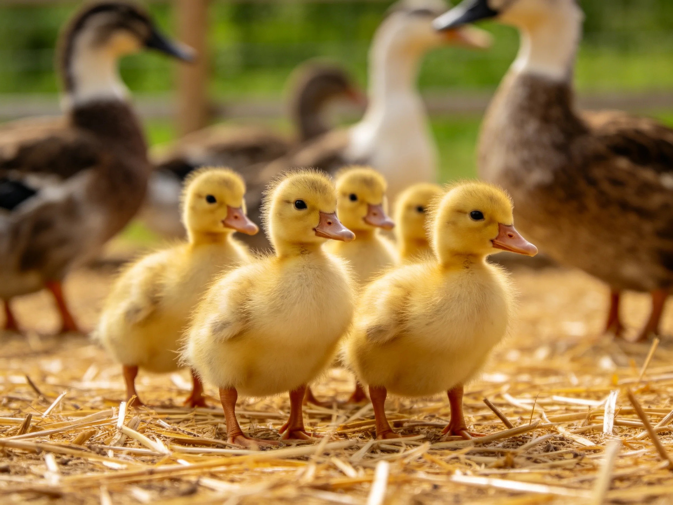 Five yellow ducklings with brown and white adult ducks on straw