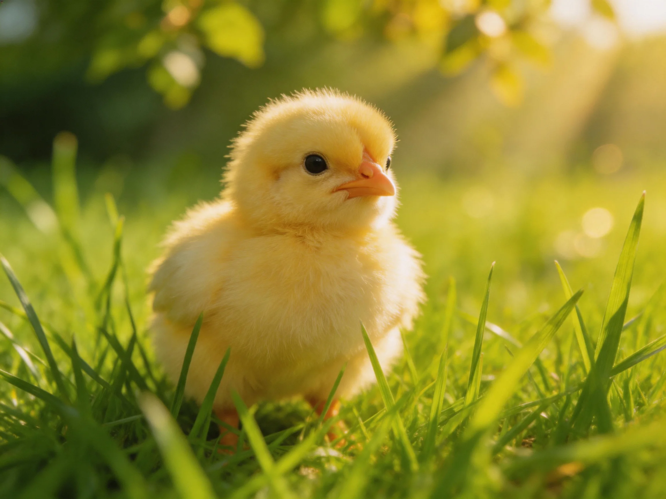 Fluffy Yellow Chick in Lush Green Grass Under Warm Sunlight