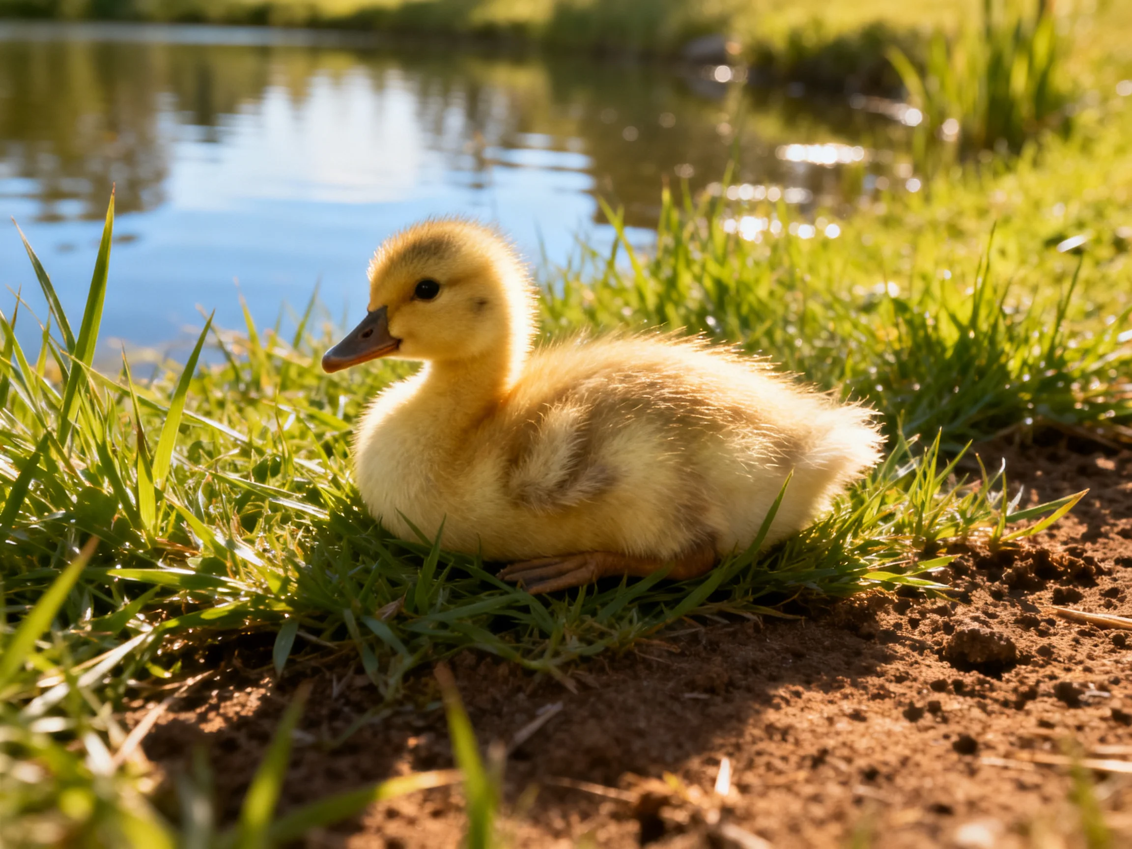 Fluffy Yellow Duckling Near Ponds Grassy Edge