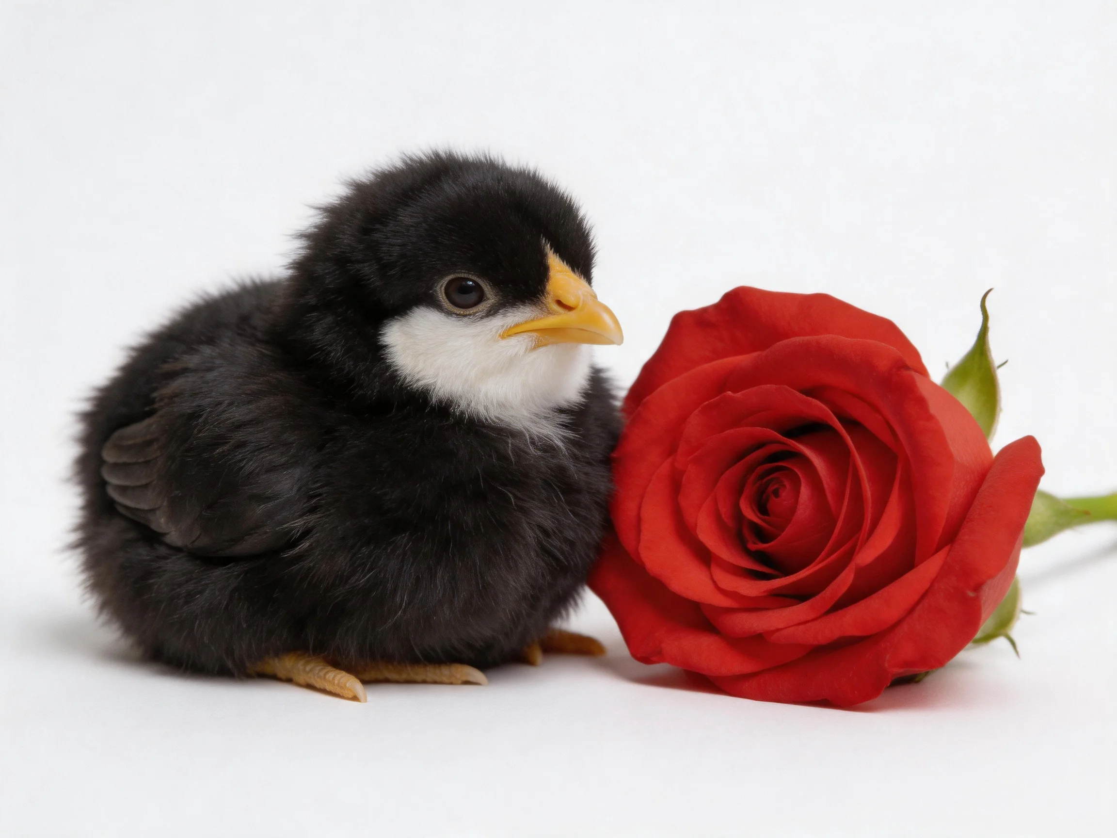 Fluffy black chick beside a vibrant red rose on a white surface