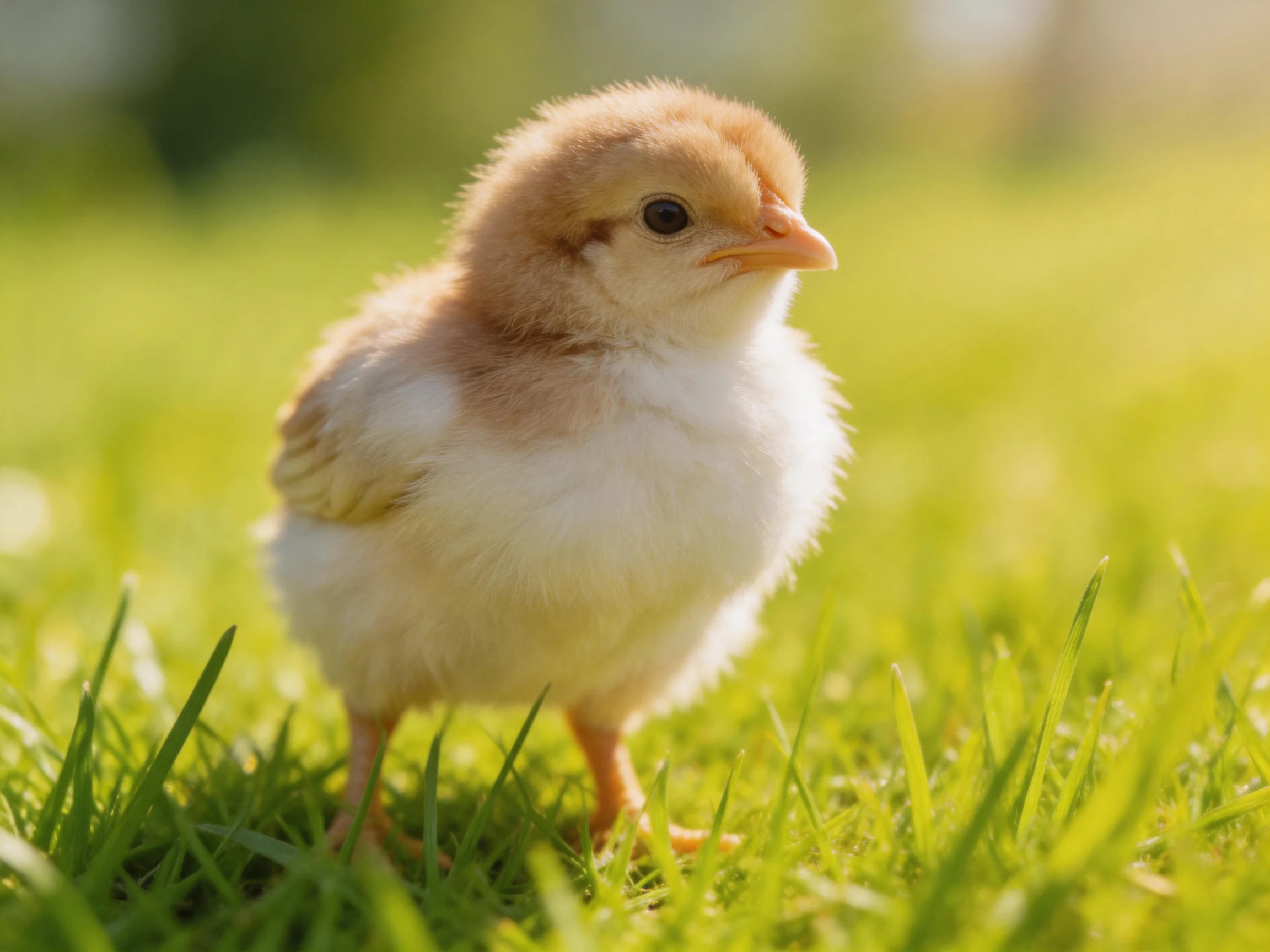 Fluffy brown and white chick on lush green grass