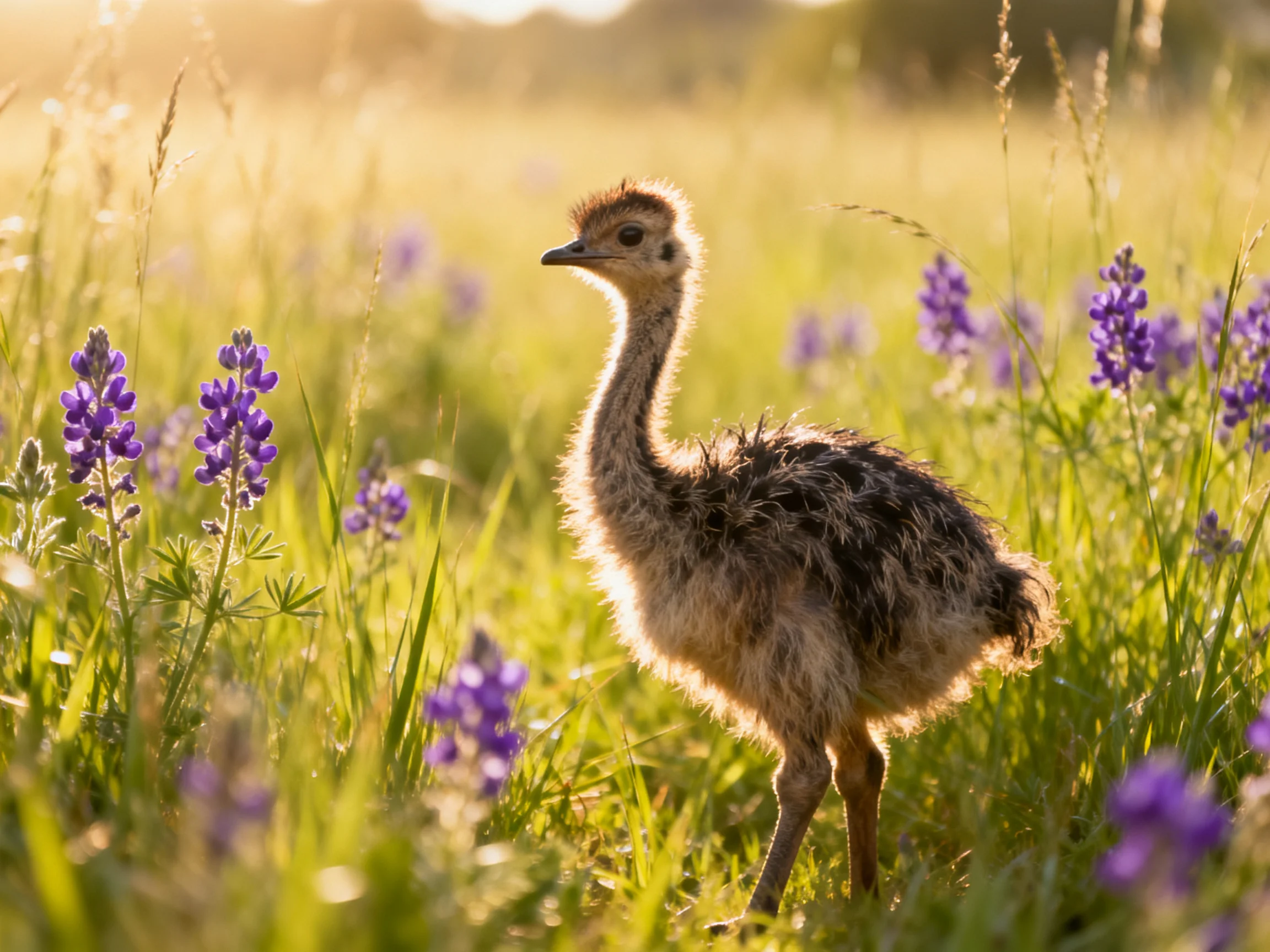 Fluffy chick in golden meadow with purple wildflowers