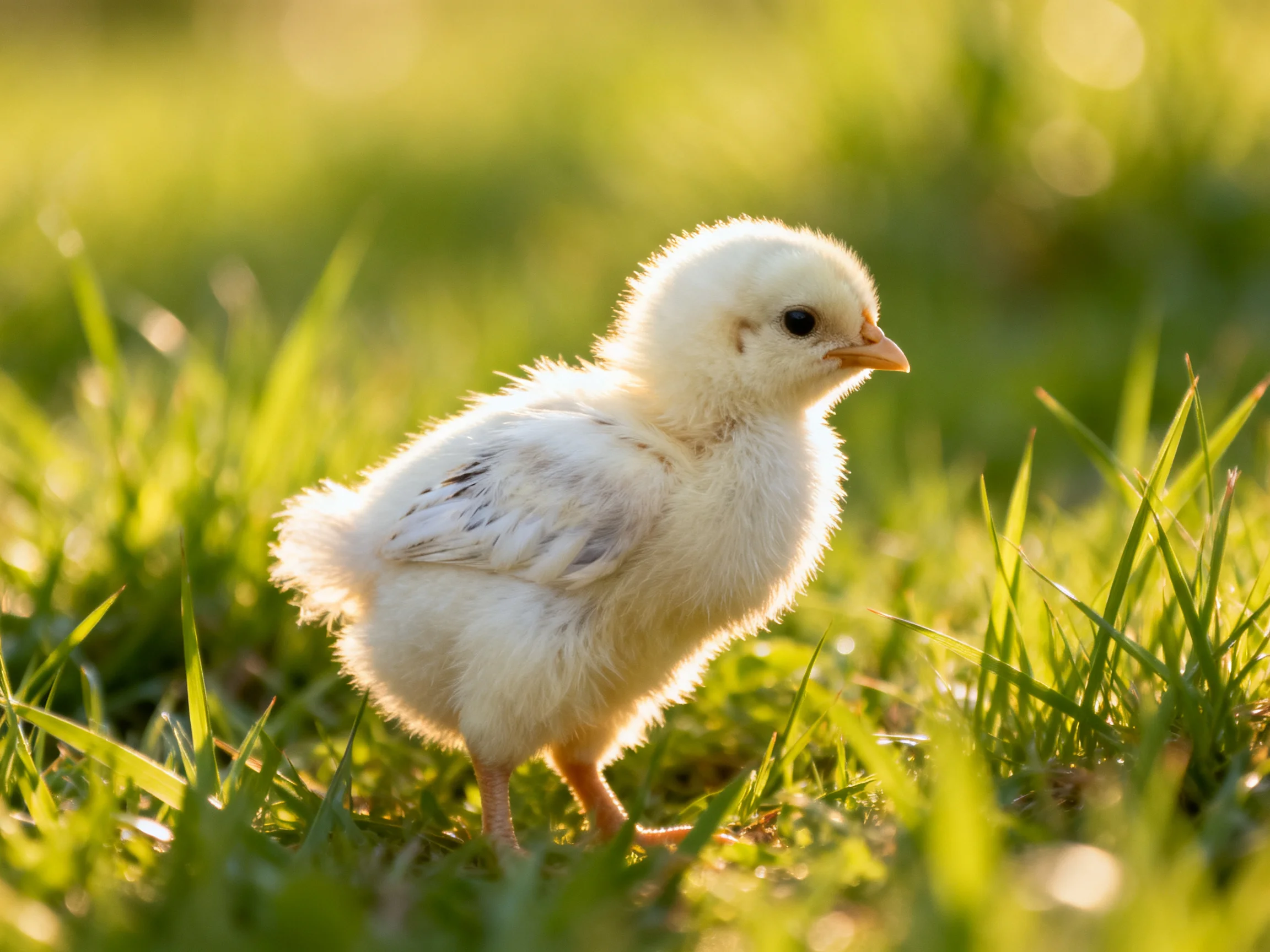 A small white chick explores a sunlit meadow filled with tall green grass.