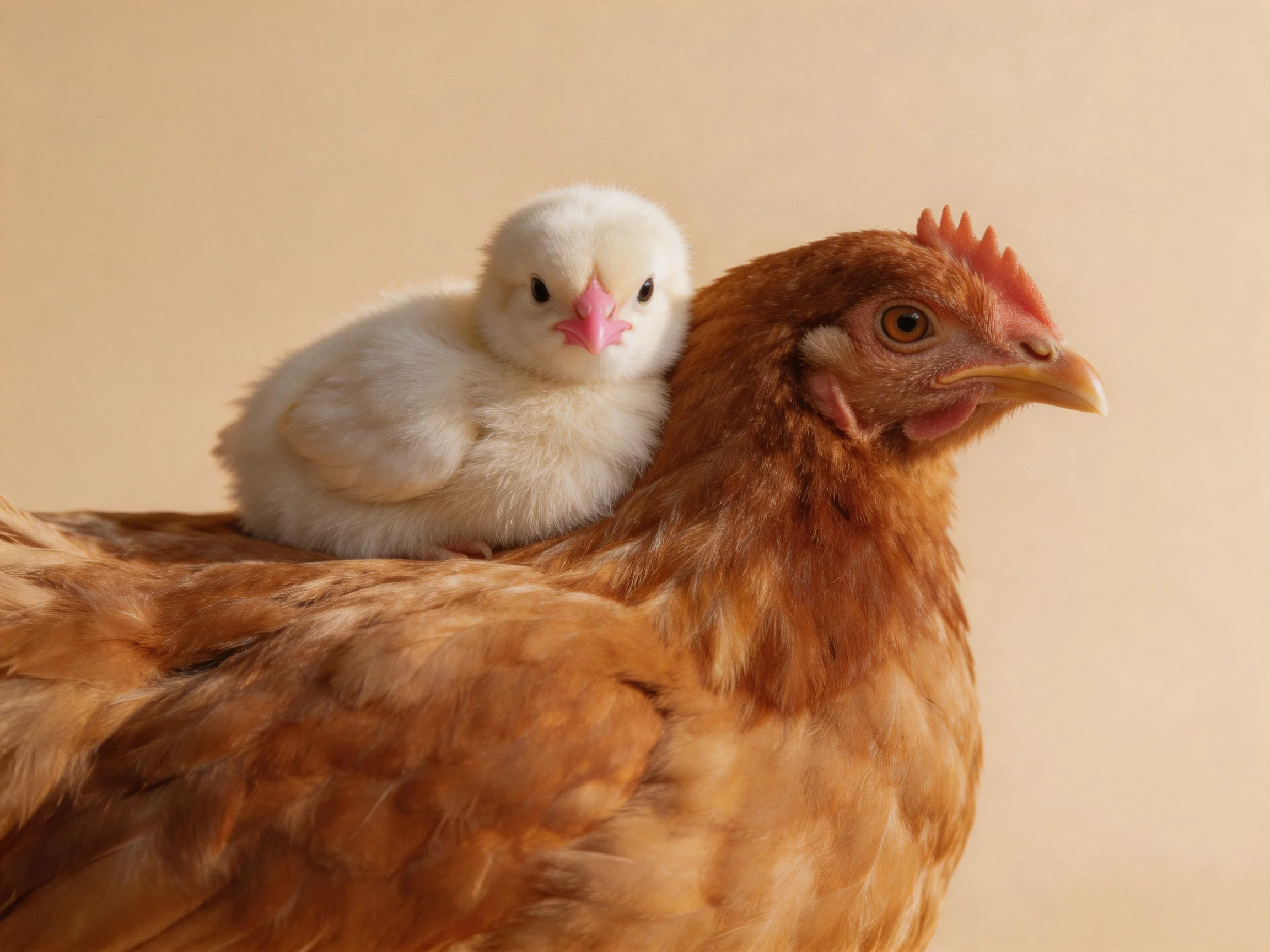 Fluffy white chick sitting on a brown hen with soft beige background