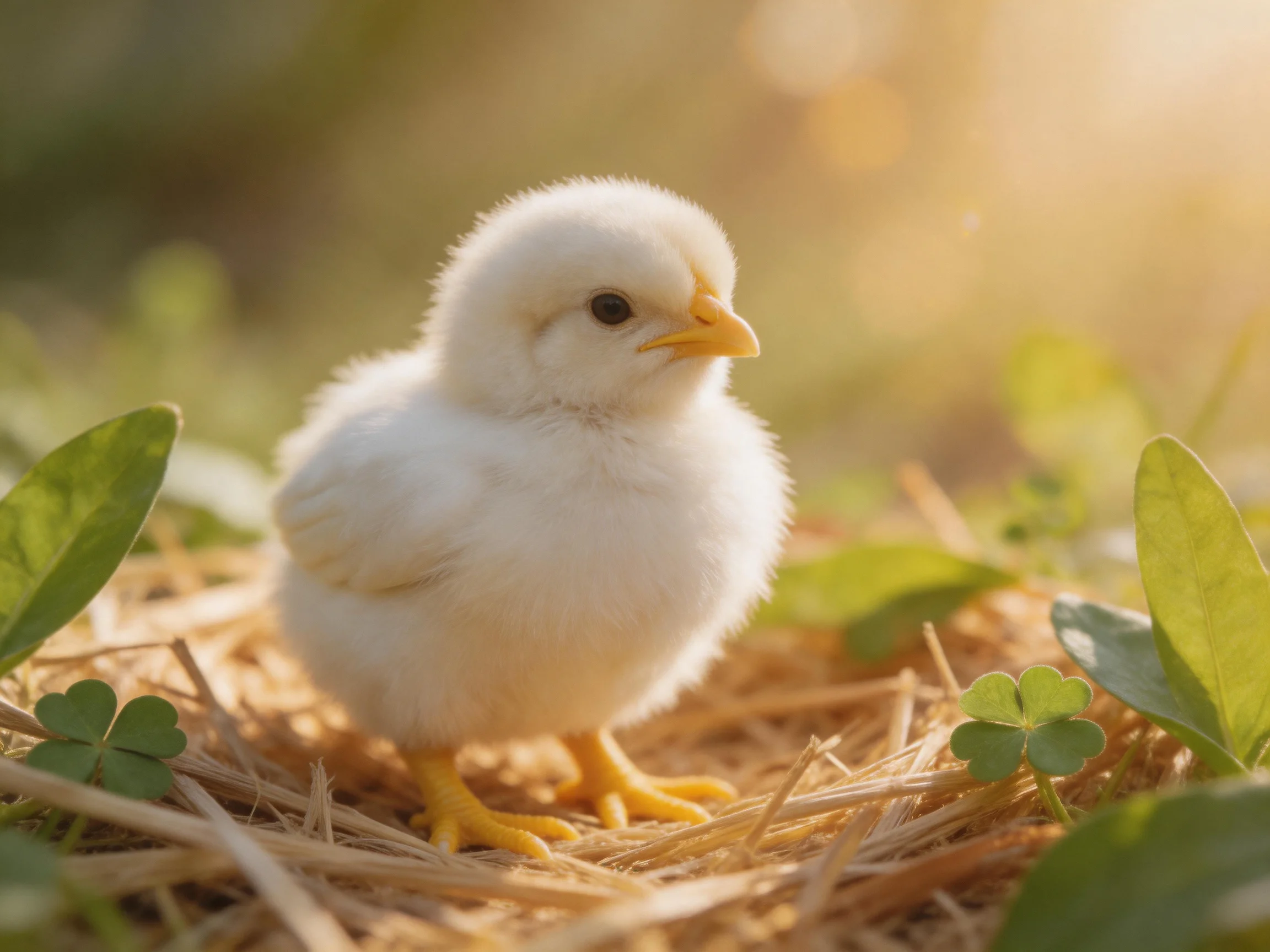 Fluffy white chick standing on golden straw amid green clovers