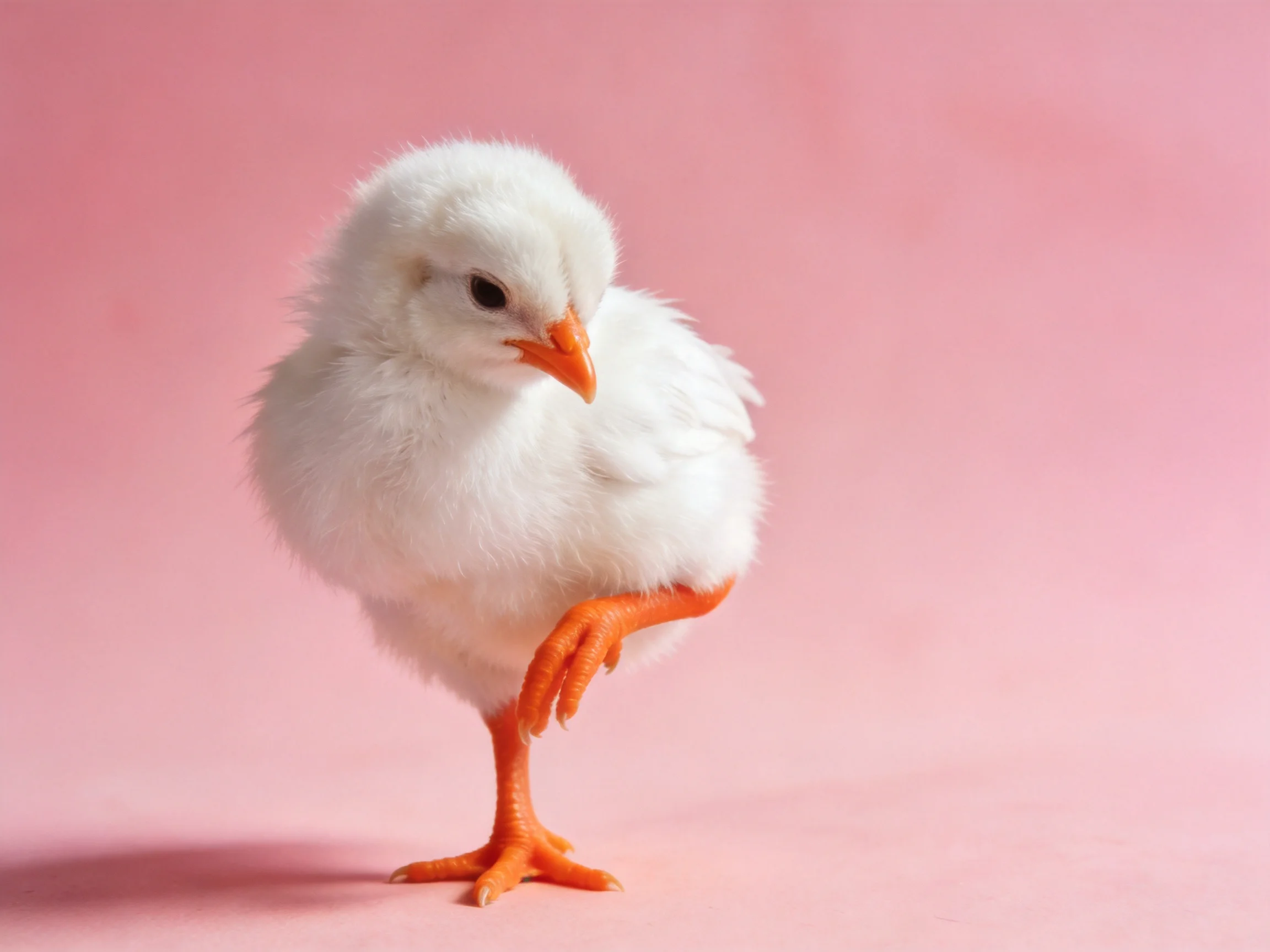 Fluffy white chick with bright orange beak and feet on solid pink backdrop