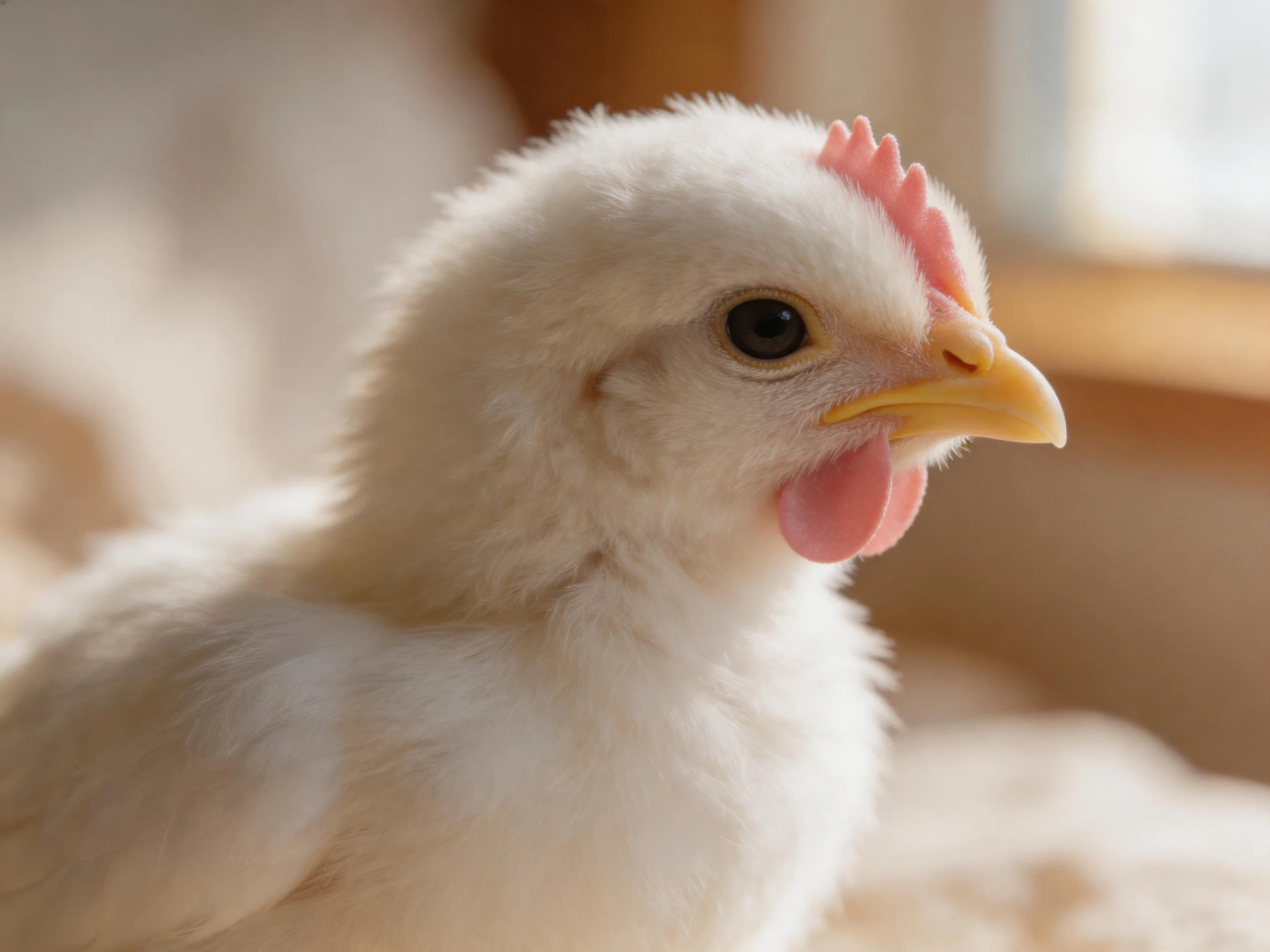 Fluffy white chick with pink comb and yellow beak near a window