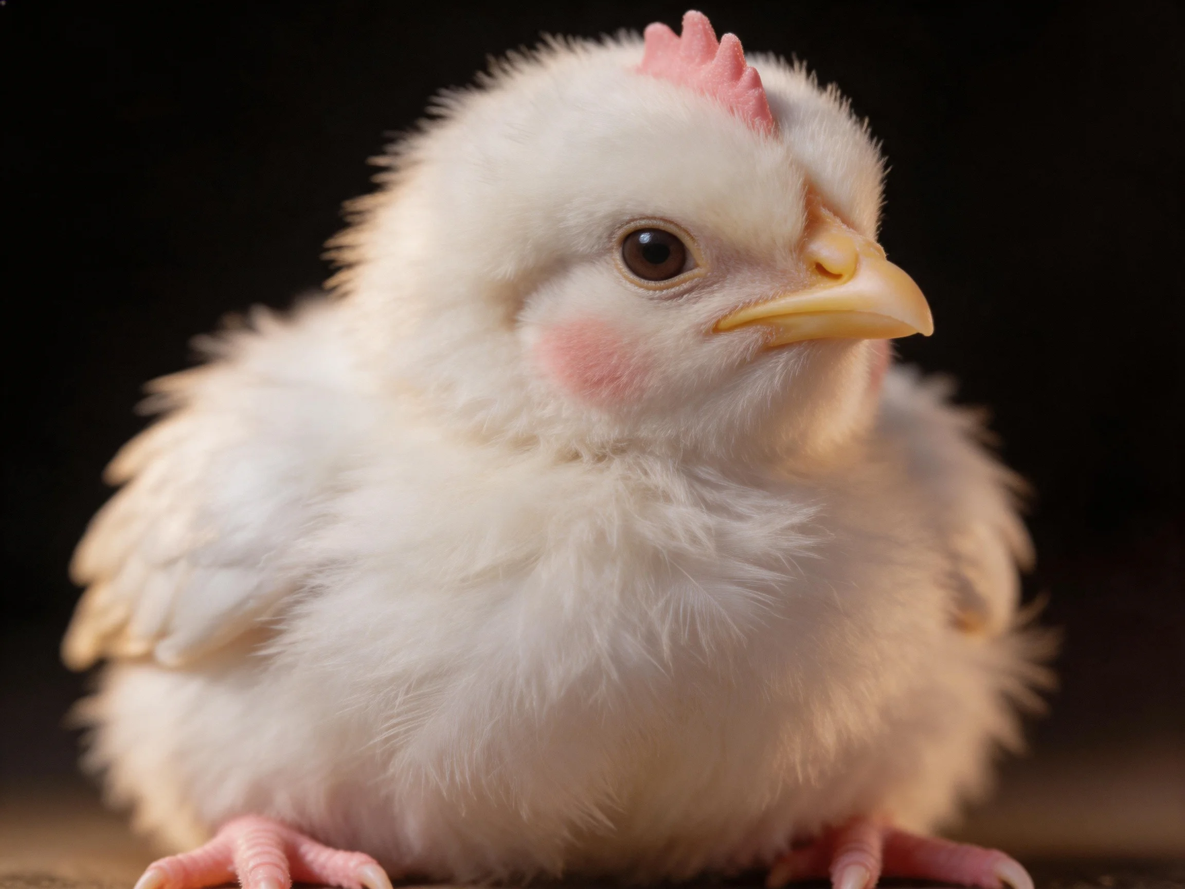 Fluffy white chick with pink features and yellow beak