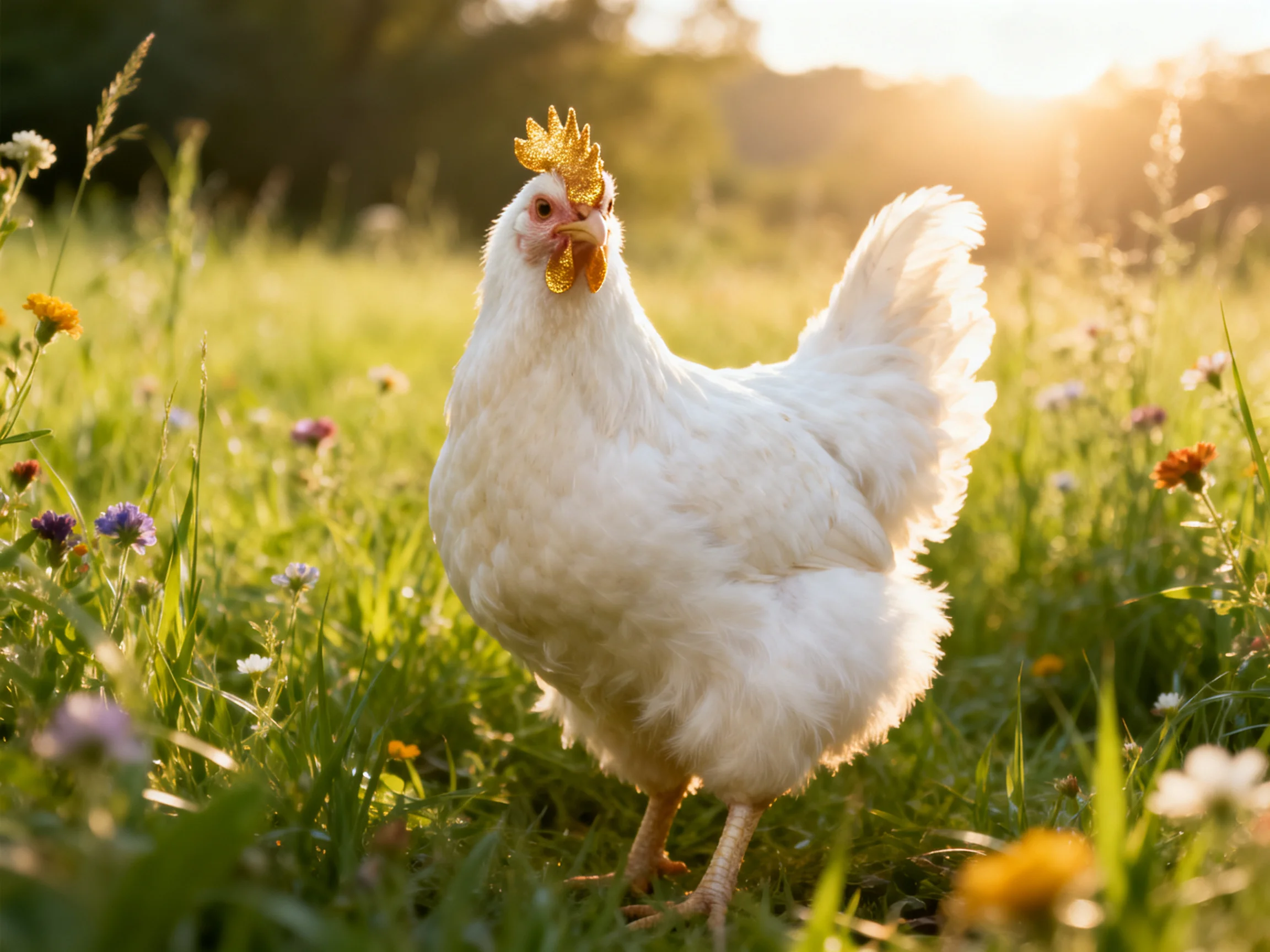 A white chicken roams a sunlit meadow dotted with wildflowers.