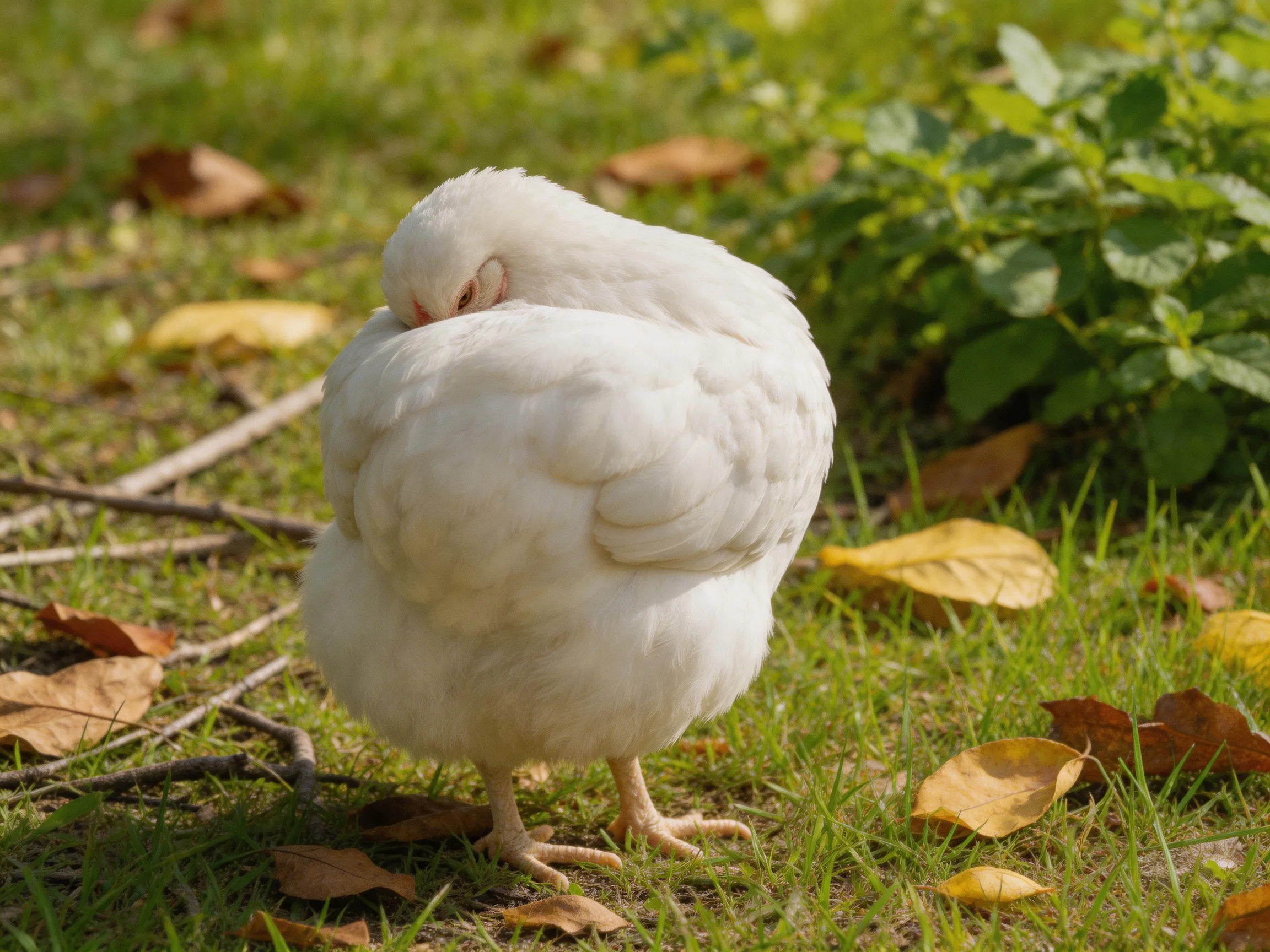 Fluffy white chicken preening on grasswith scattered autumn leaves