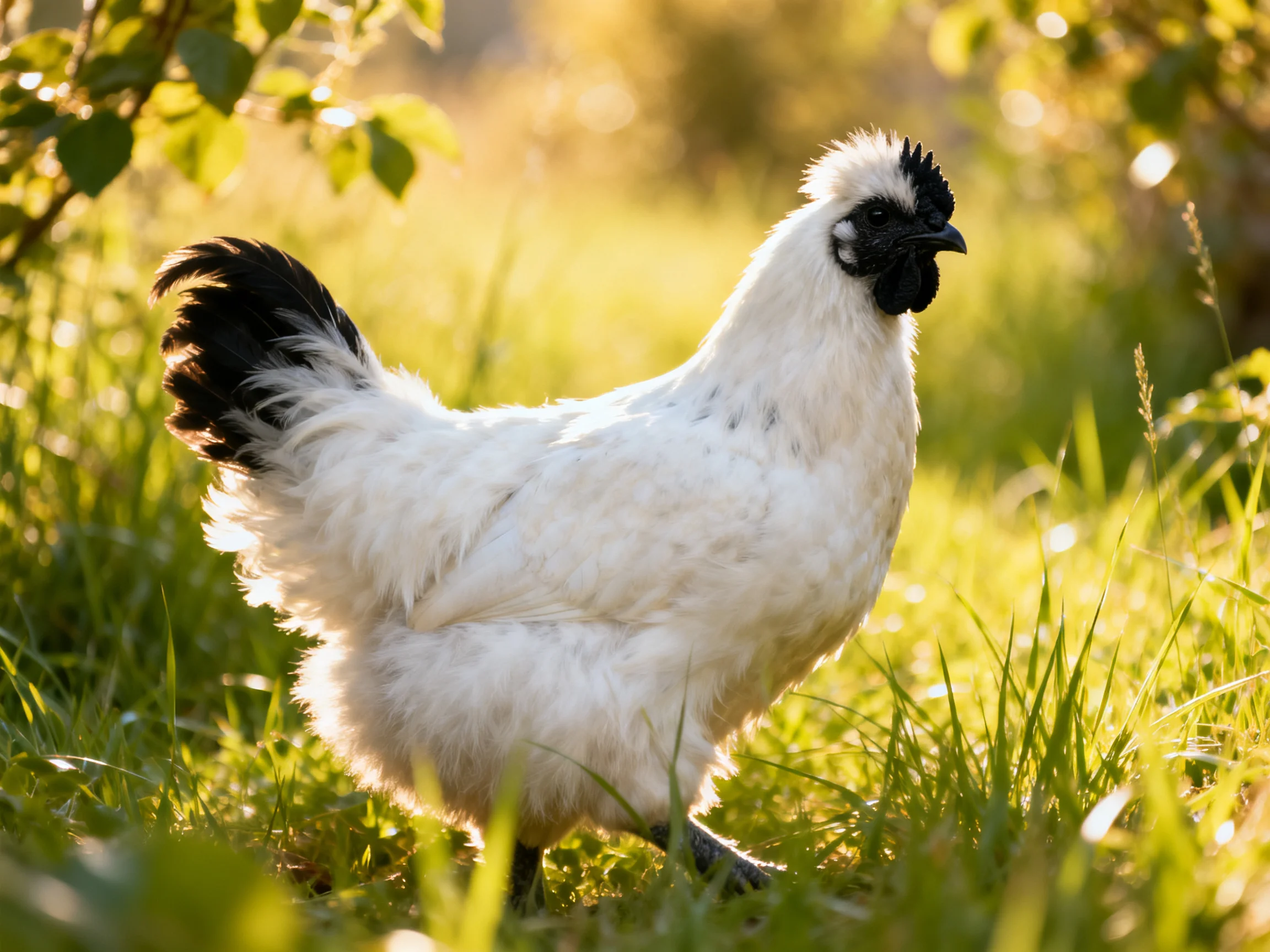 Fluffy white chicken with black tail and face in sunlit grass