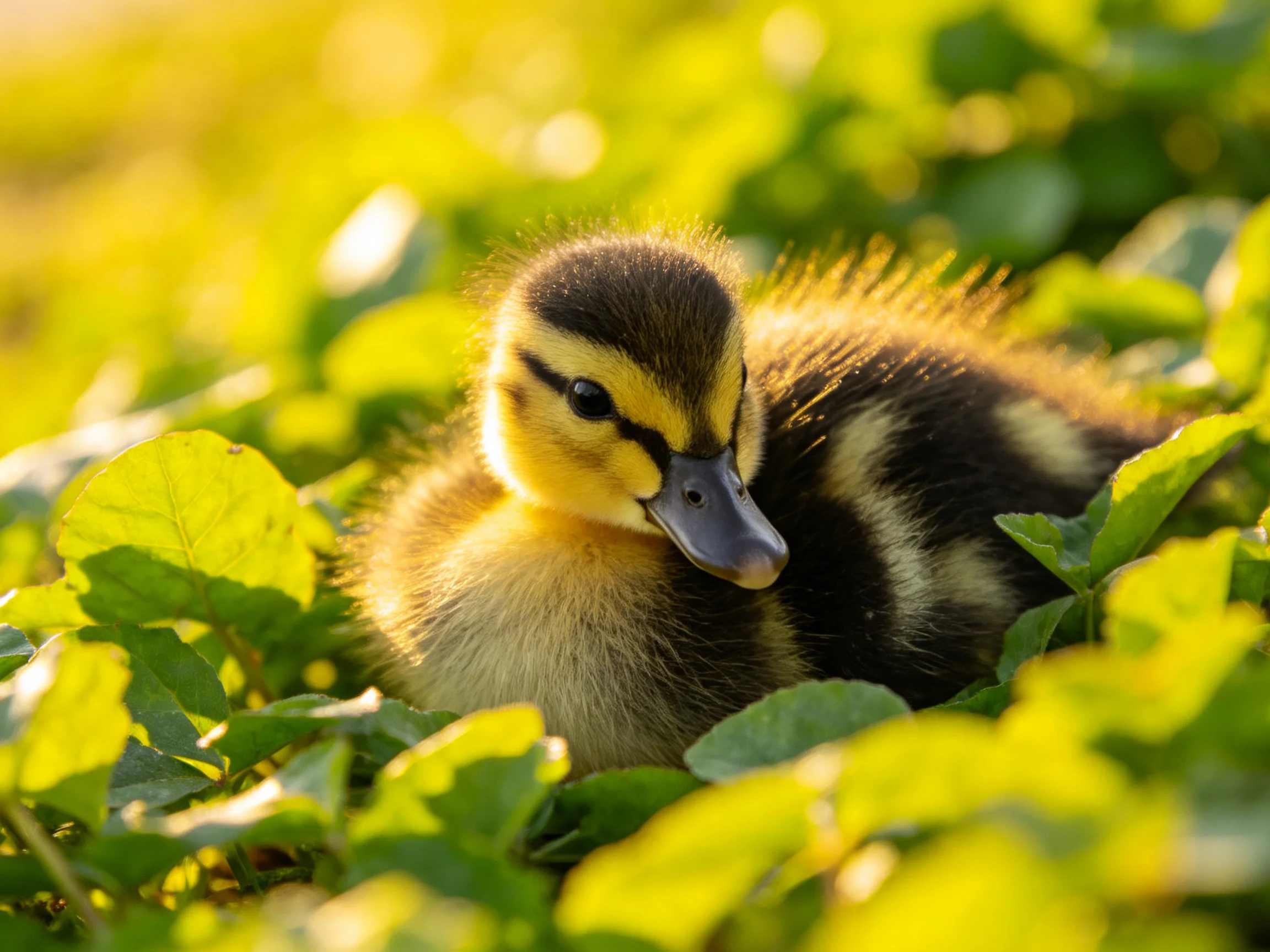 Fluffy yellow and brown duckling nestled among vibrant green foliage under warm sunlight