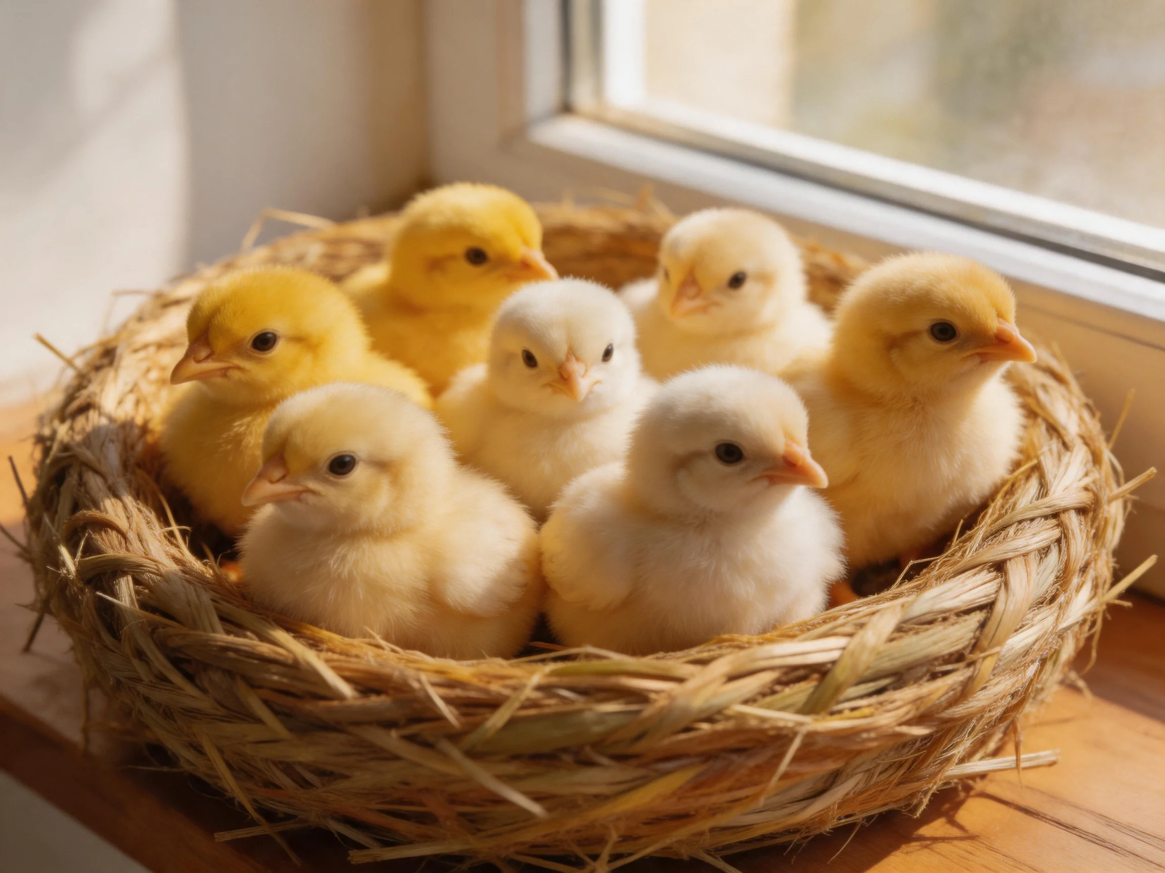 Fluffy yellow and white chicks huddled in a straw nest by a sunlit window