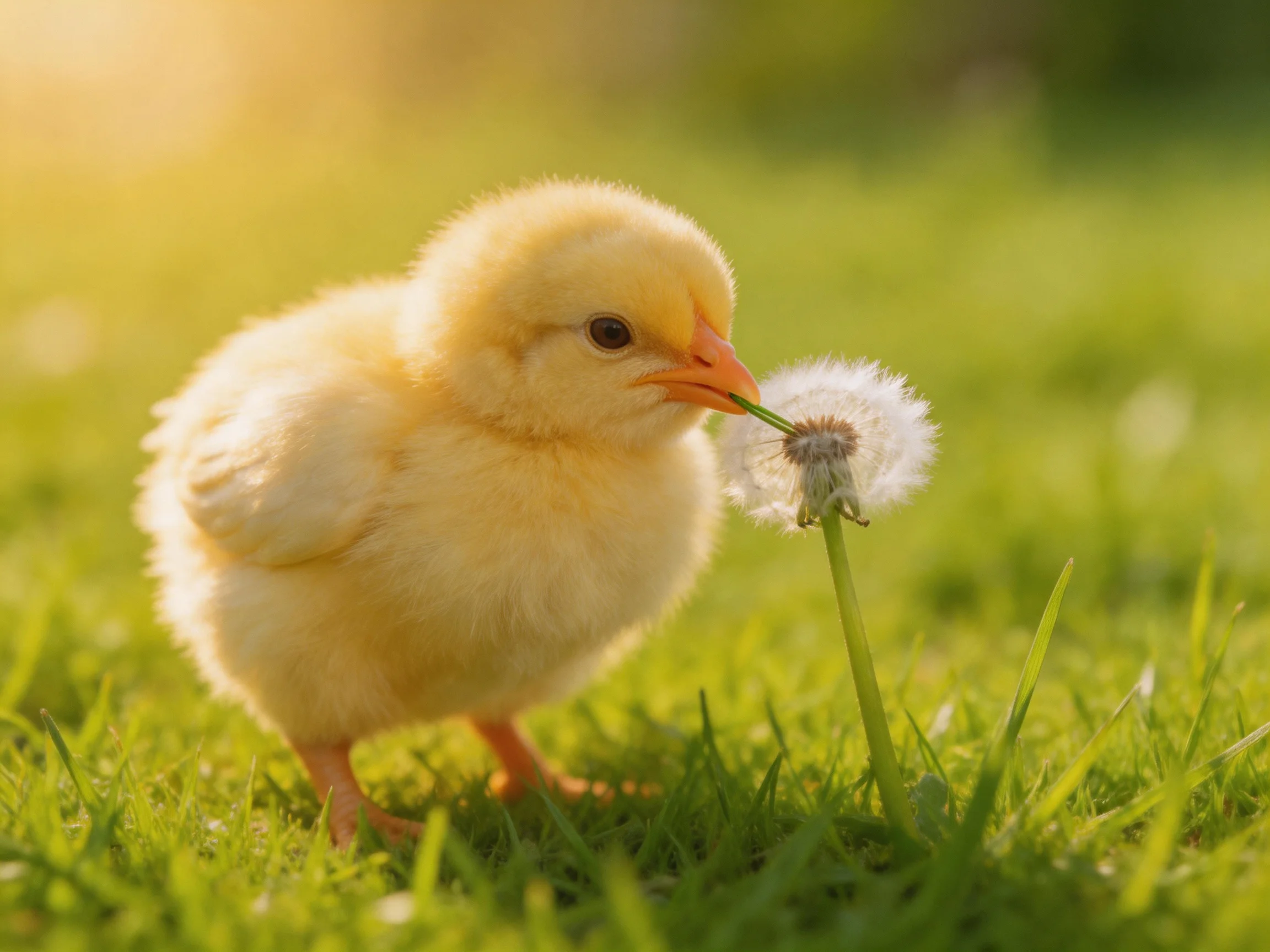 Fluffy yellow chick exploring dandelion on green grass