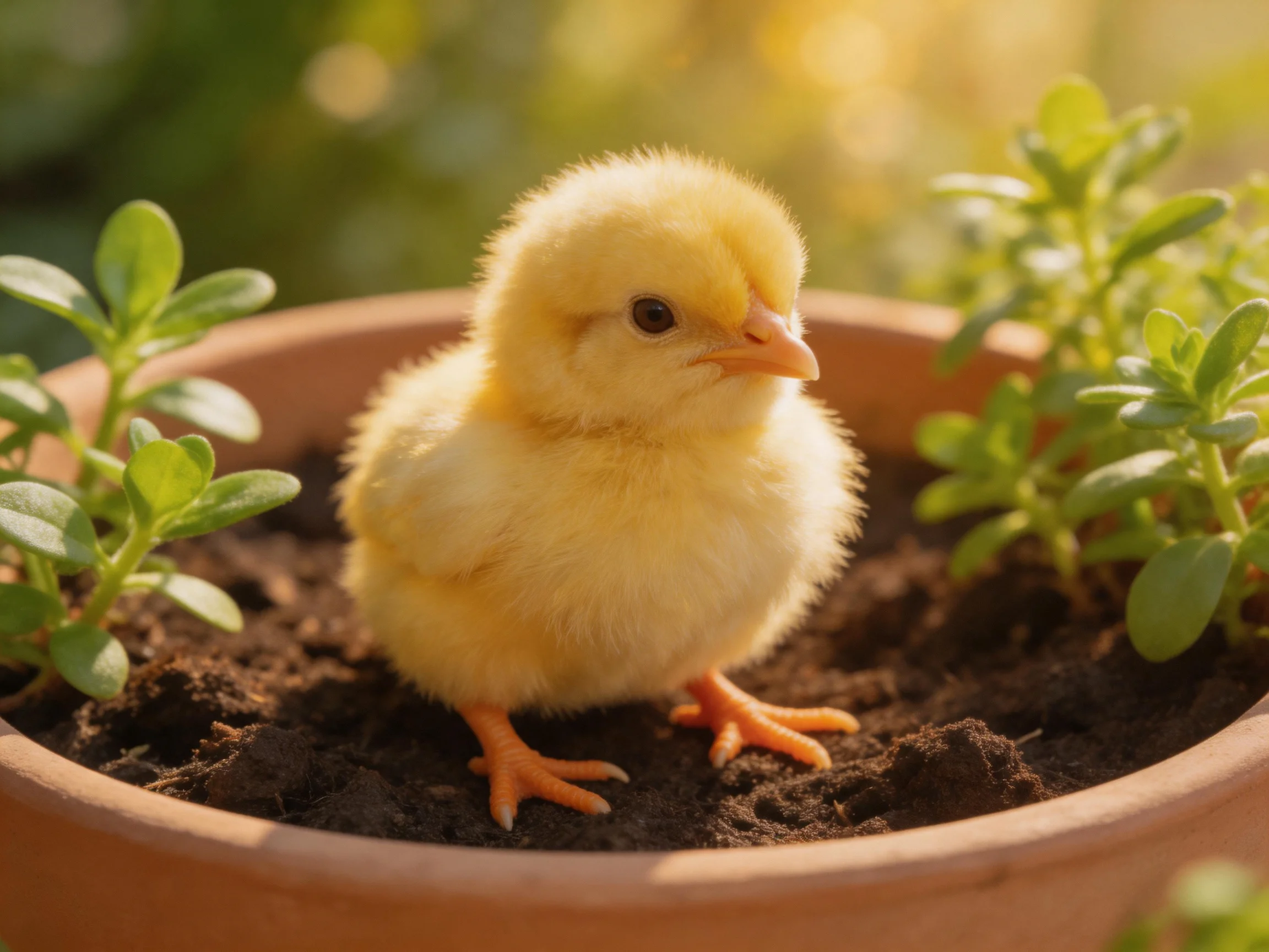 Fluffy yellow chick in terracotta pot with green plants