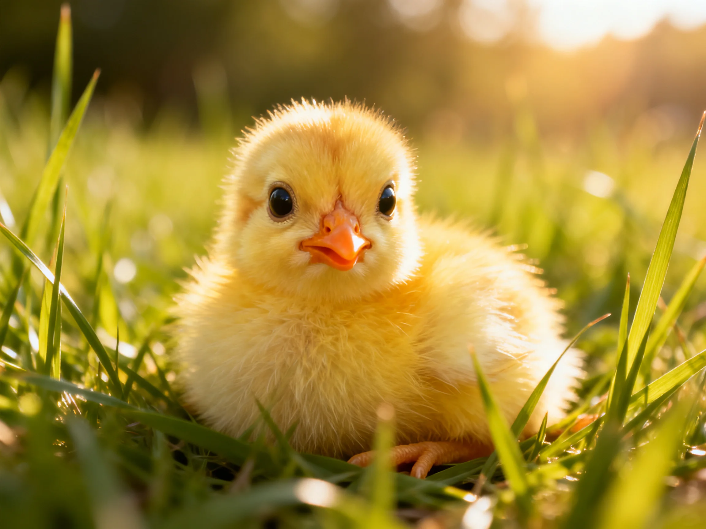 Fluffy yellow chick nestled in tall green grass