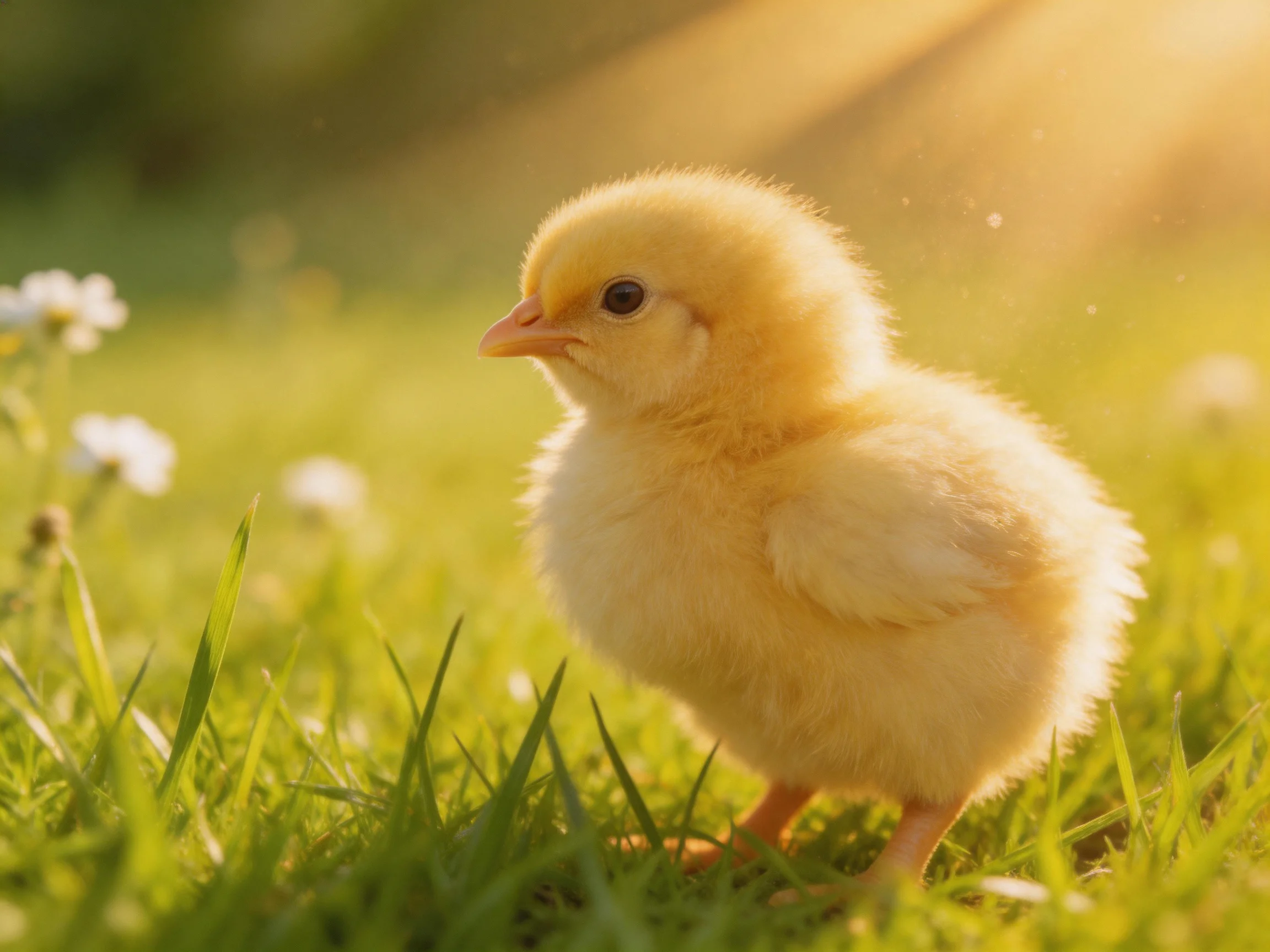 Fluffy yellow chick on sunlit green grass with white wildflowers
