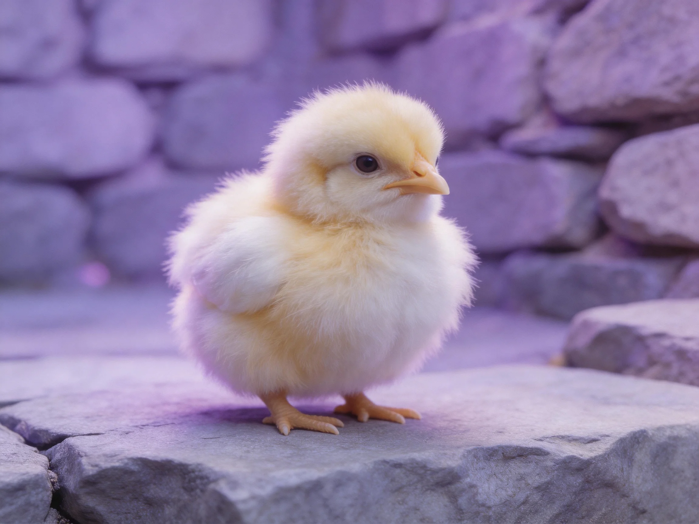 Fluffy yellow chick standing on gray stone pavement with purple stone wall