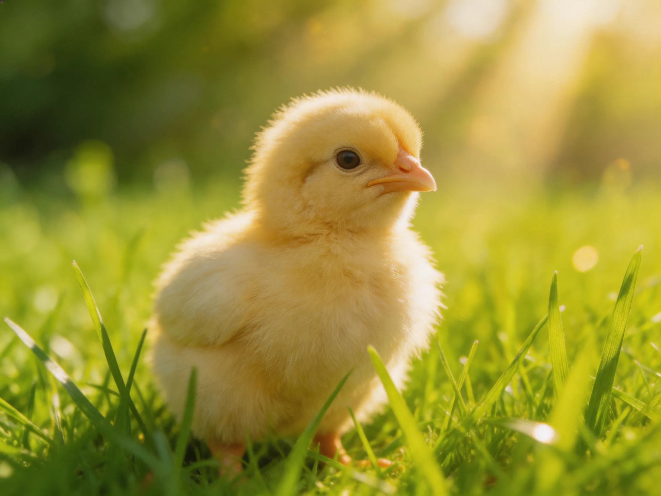 Fluffy yellow chick standing on lush green grass in warm sunlight