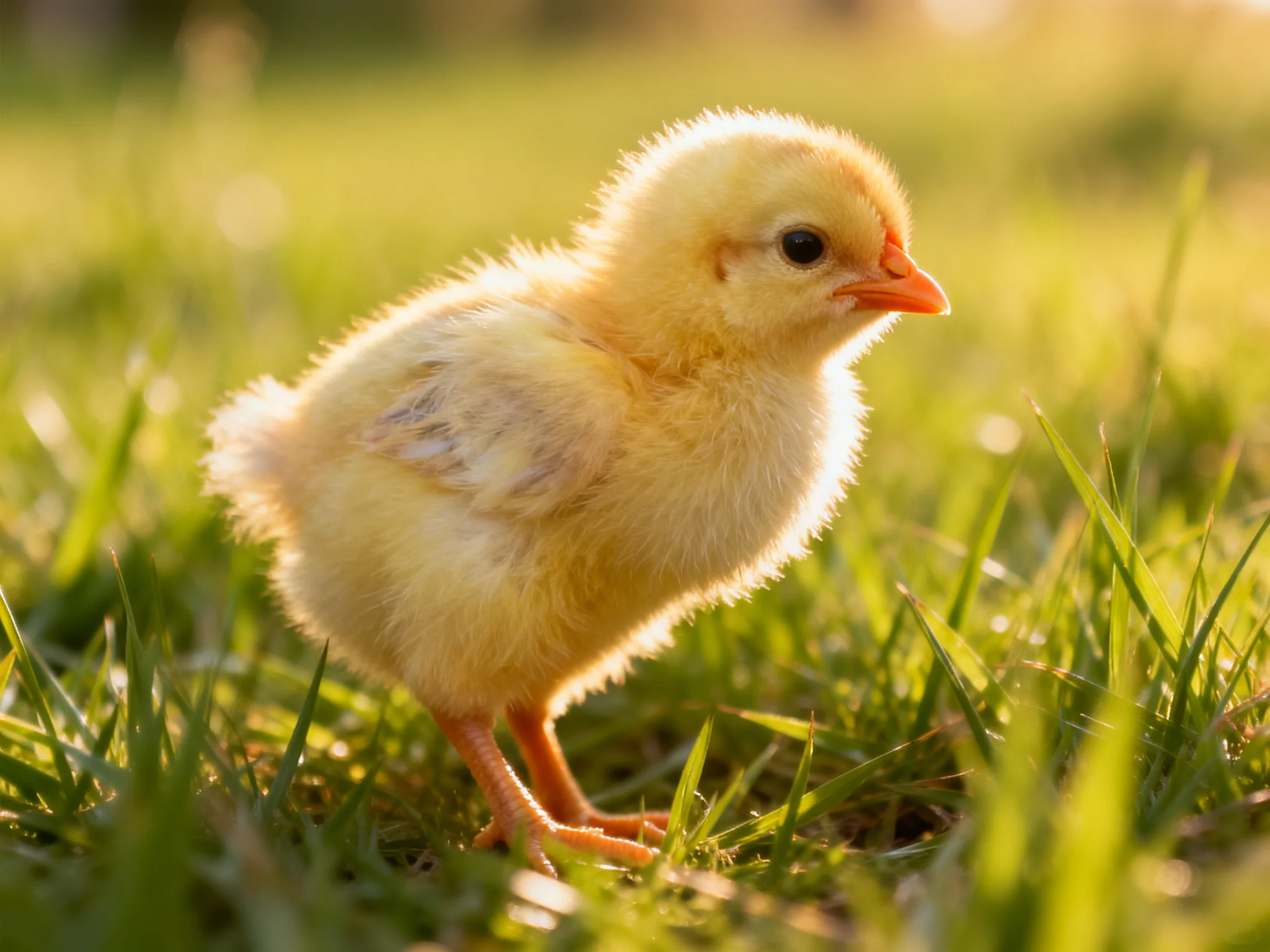 Fluffy yellow chick standing on lush green grass in warm sunlight