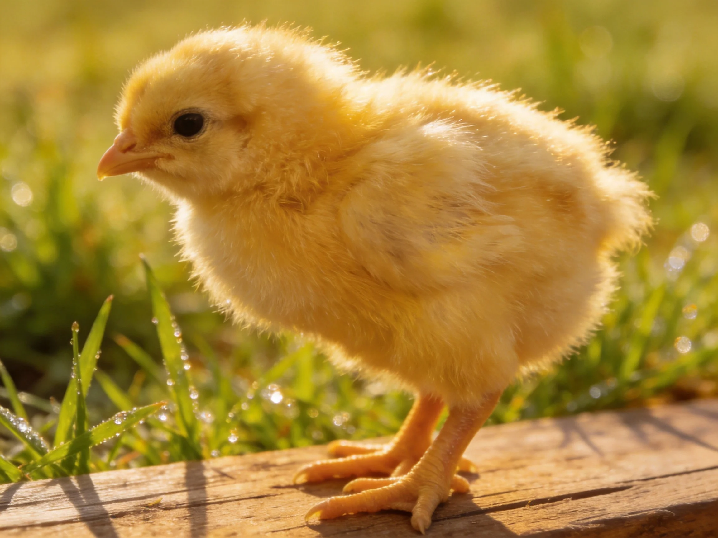 Fluffy yellow chick stands on wooden plank beside dewy greengrass