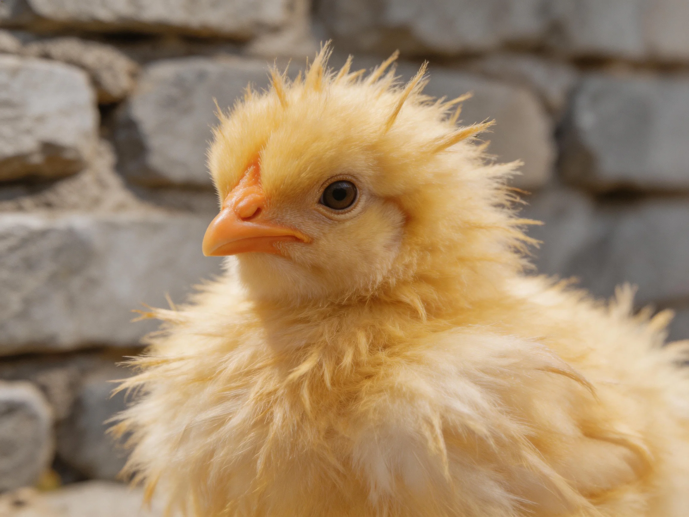 Fluffy yellow chick with bright orange beak near textured gray stone wall