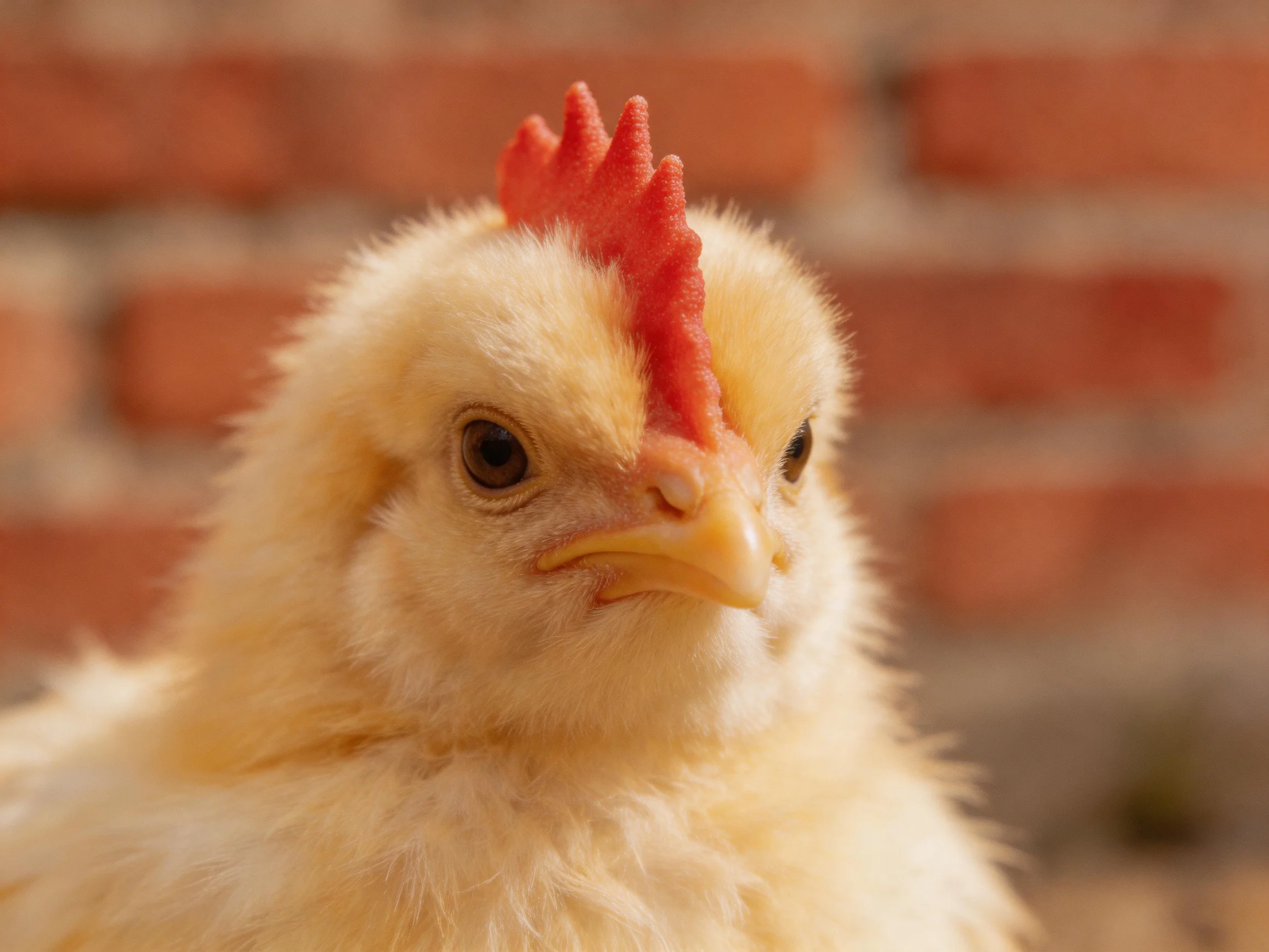 Fluffy yellow chick with bright red comb near reddish-brown brick wall