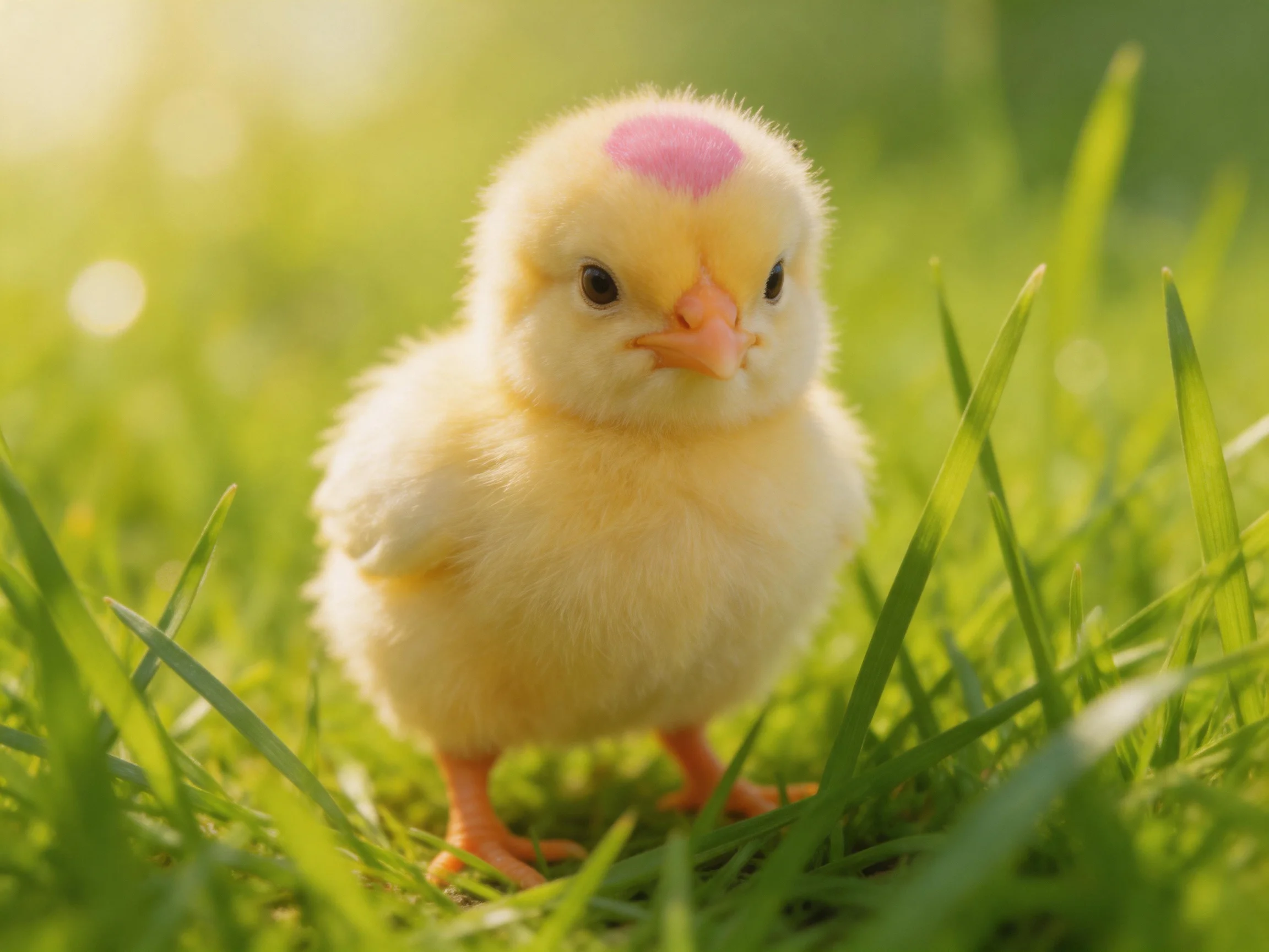 Fluffy yellow chick with pink headmark on green grass