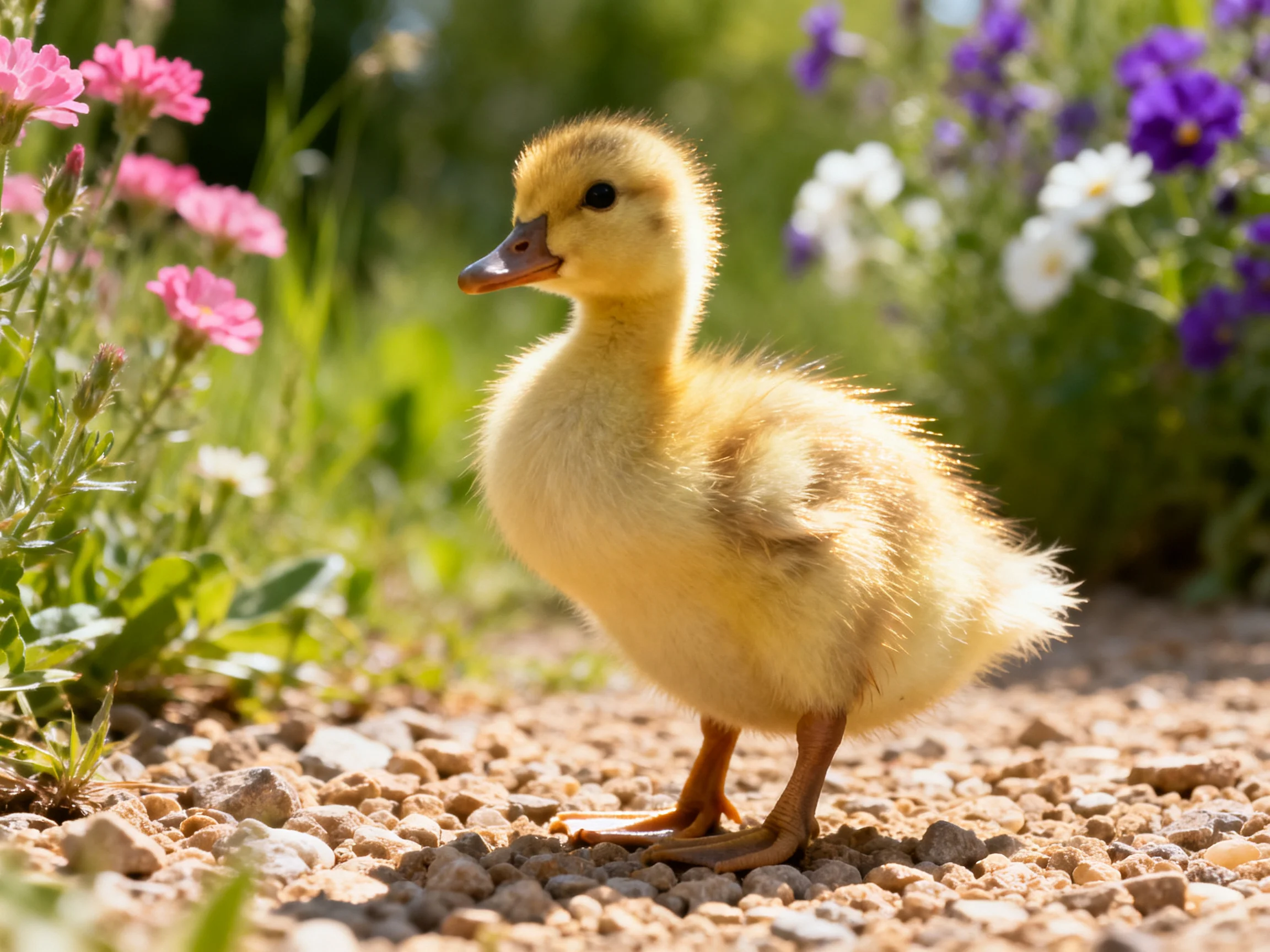 Fluffy yellow duckling on gravel near pink, purple, white flowers