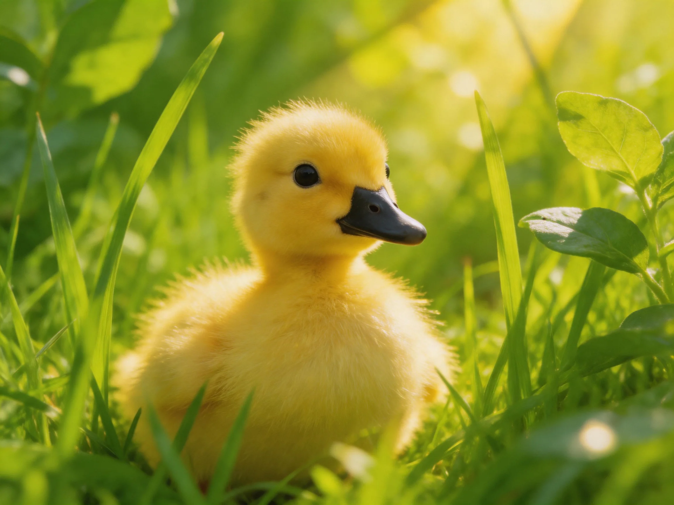 Fluffy yellow duckling surrounded by lush green grass