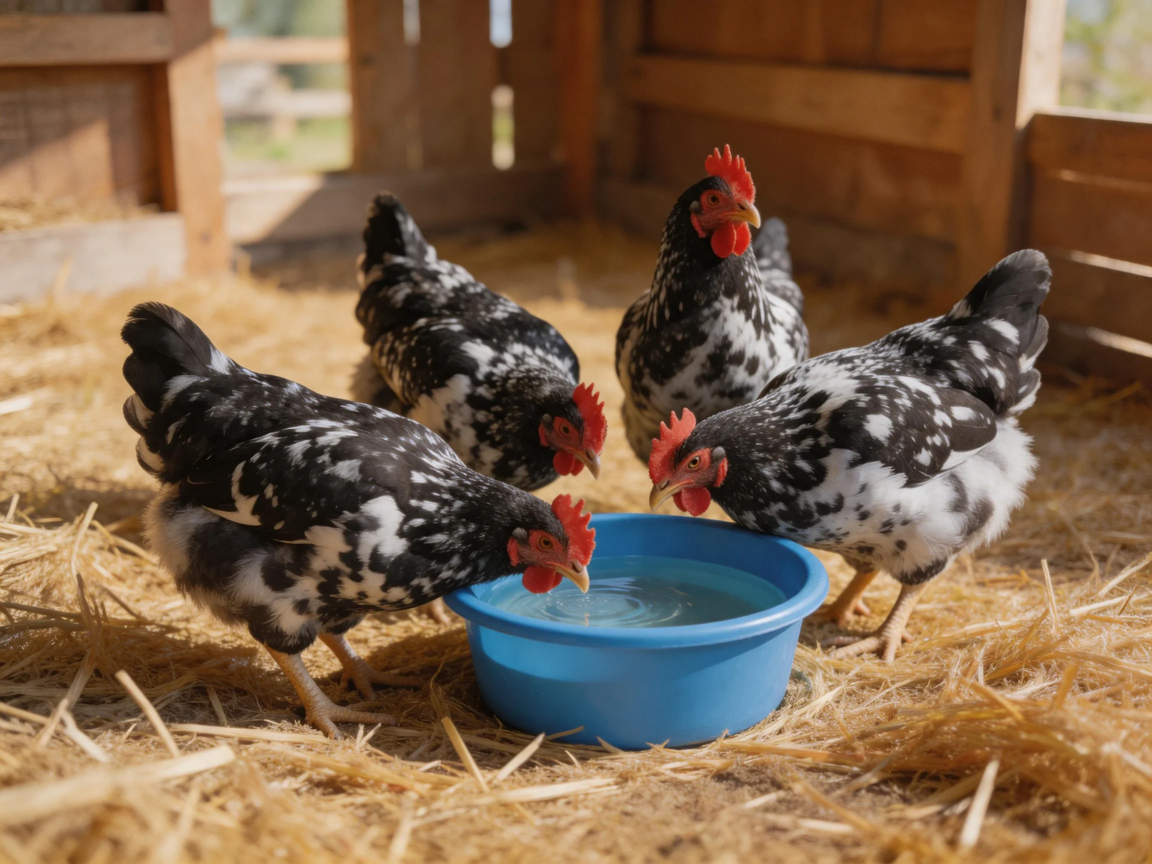 Four black-and-white chickens drink from a blue water bowl in a straw-filled enclosure