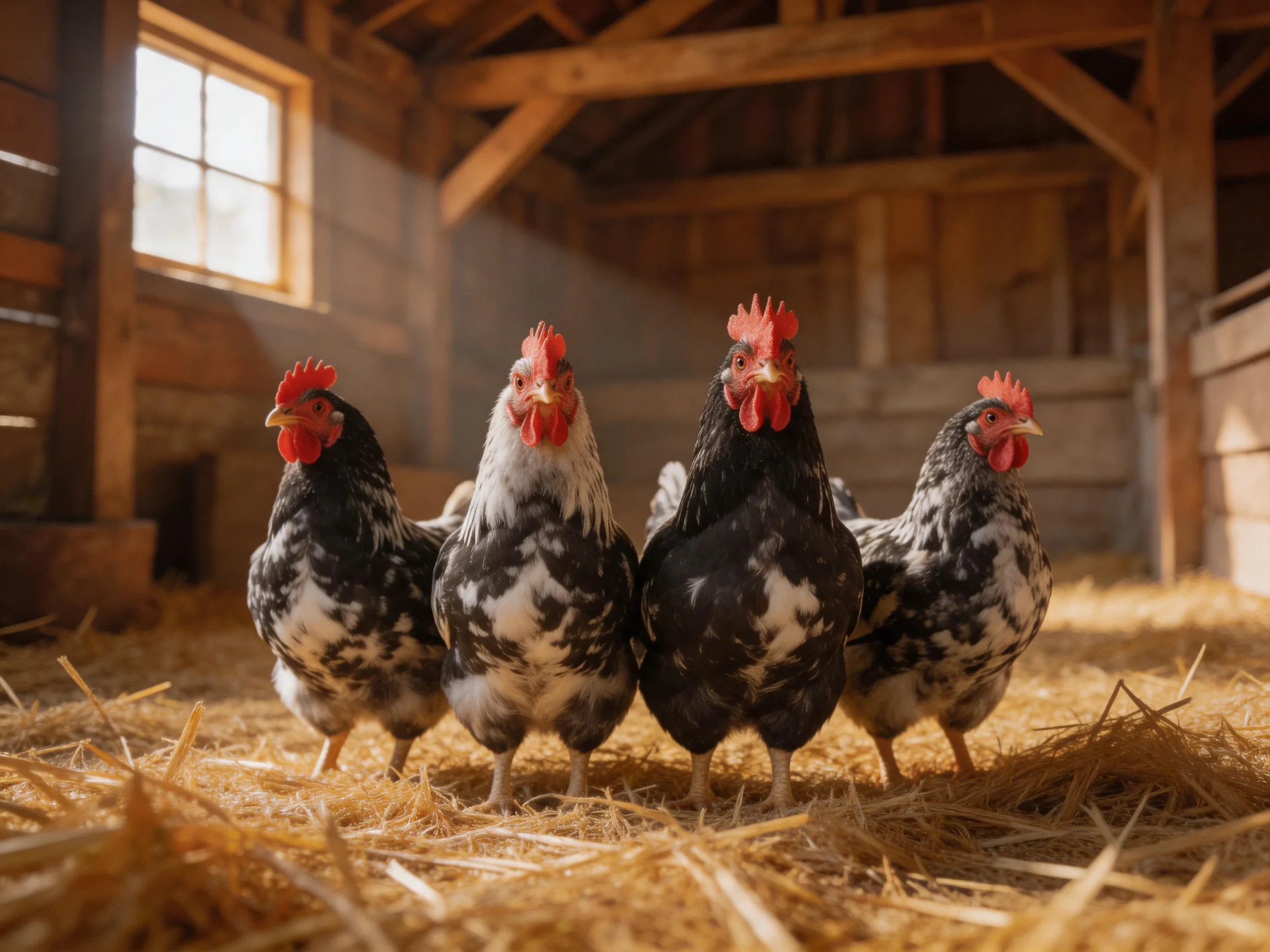 Four black-and-white chickens with red combs in a wooden barn with straw