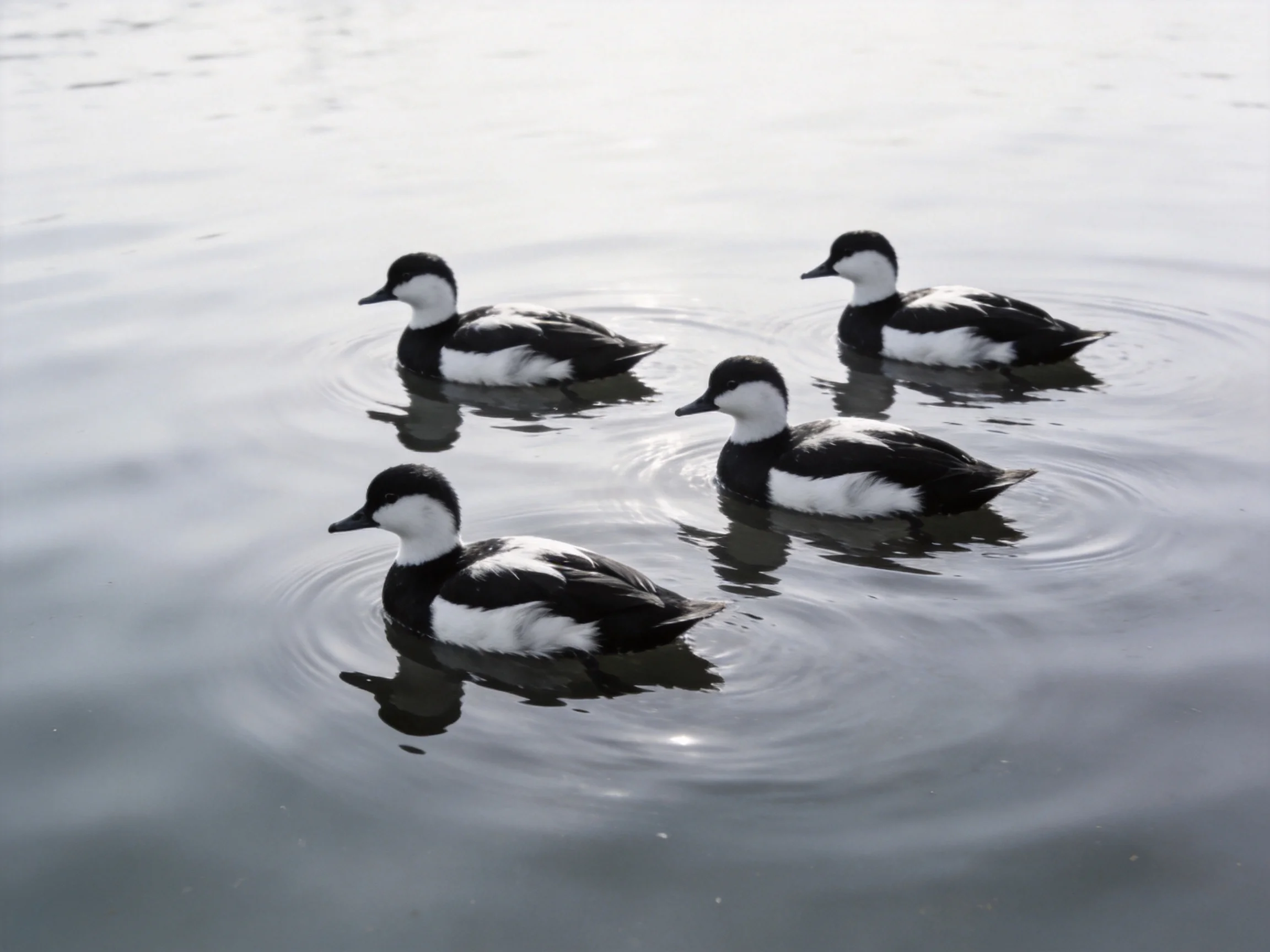 Four black-and-white ducks glide across calm water