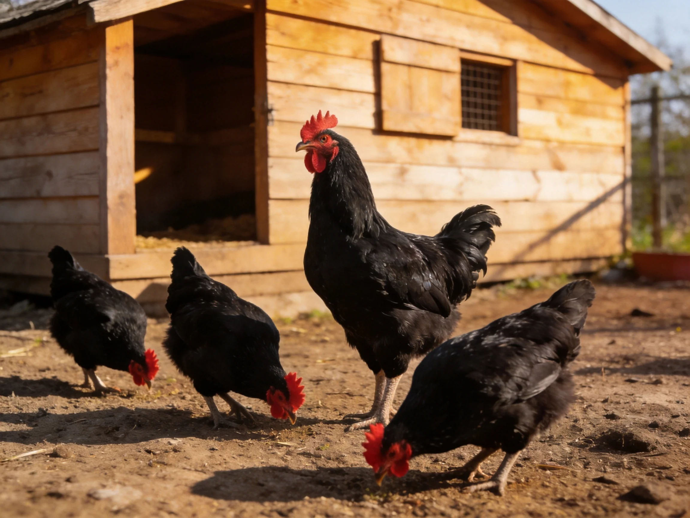 Four black chickens pecking outside a wooden chicken coop