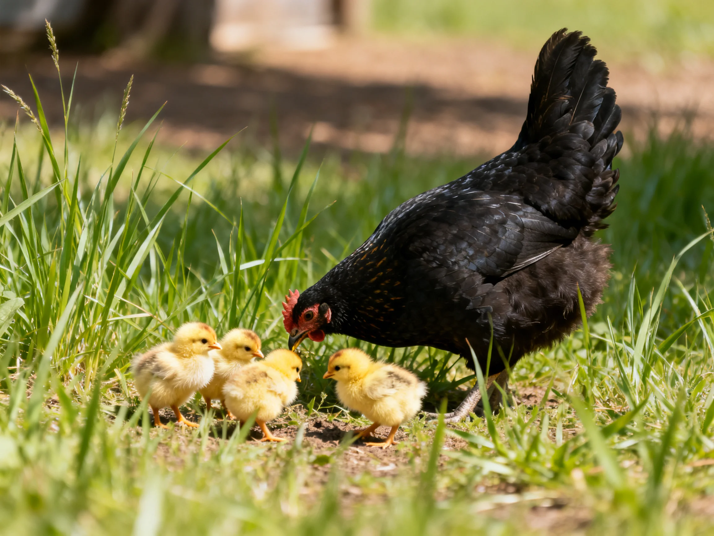 Four black hen with four yellow chicks in a grassy field