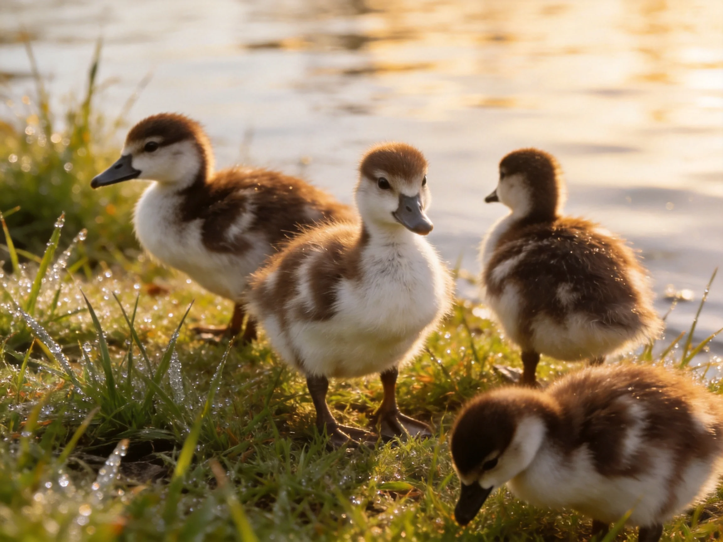 Four young ducks gather by a calm water source amid dew-covered vegetation.