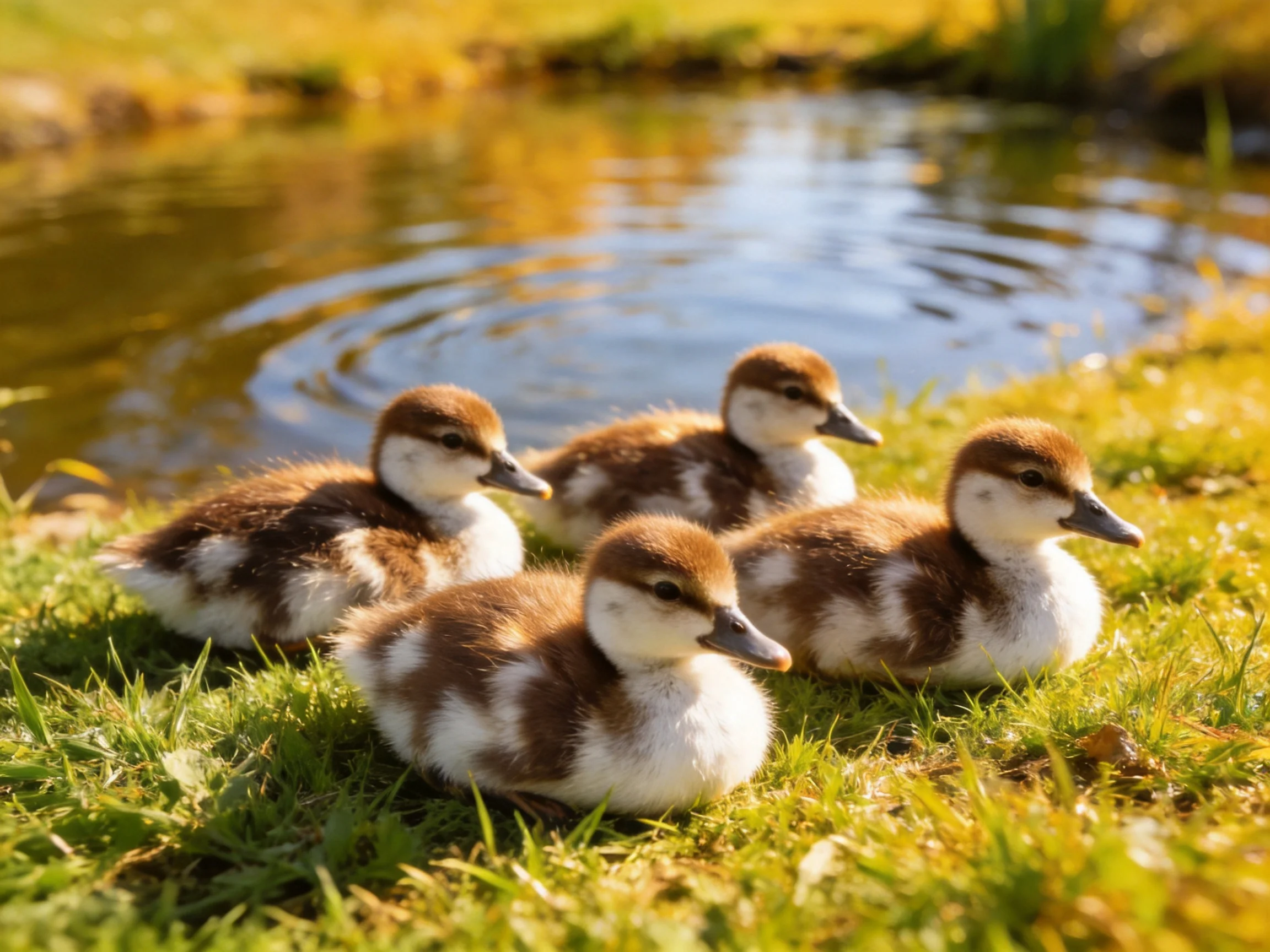Four brown and white ducklings resting on lush green grass beside a calm pond