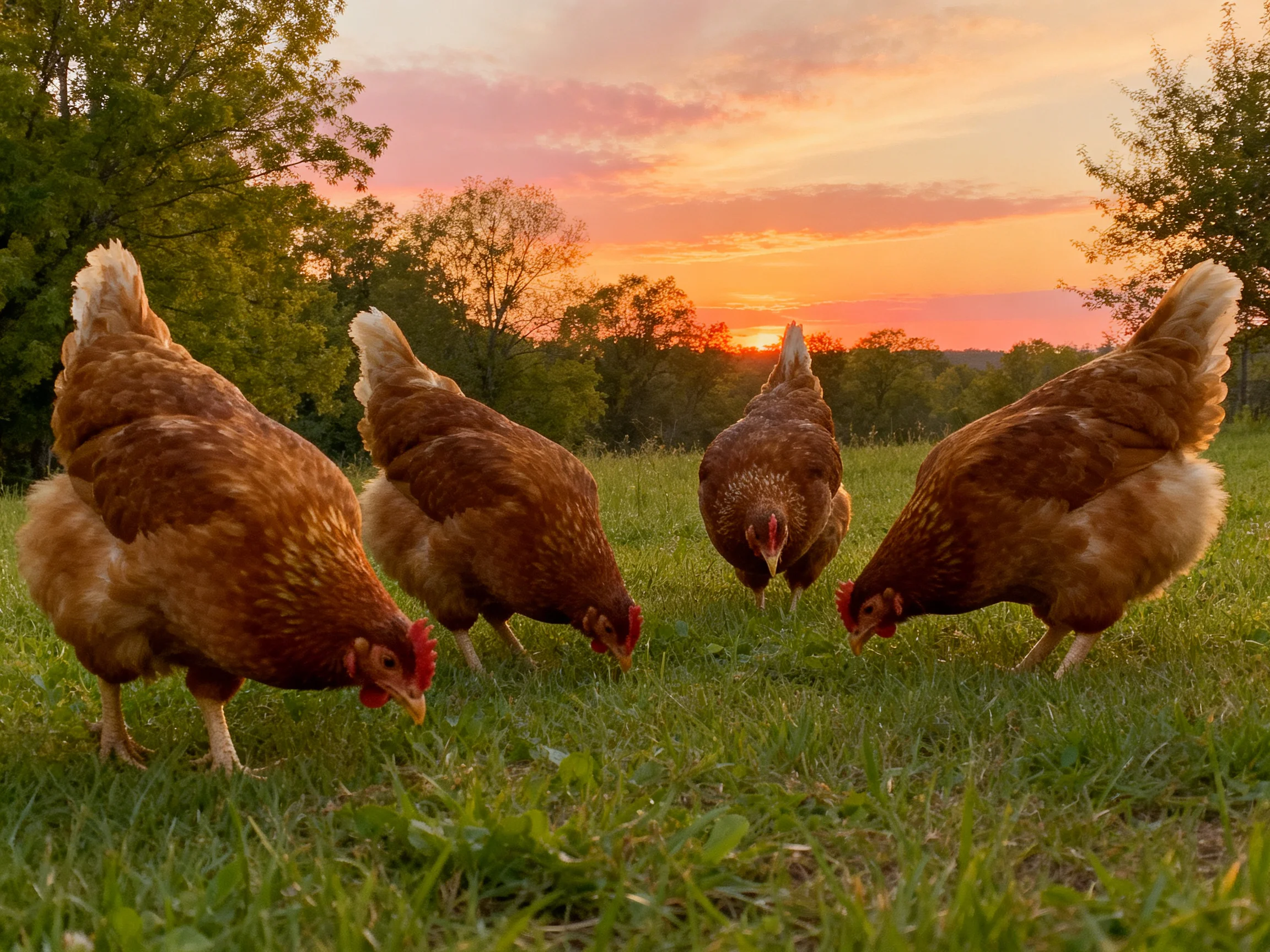 Four brown chickens forage in a lush green field at sunset