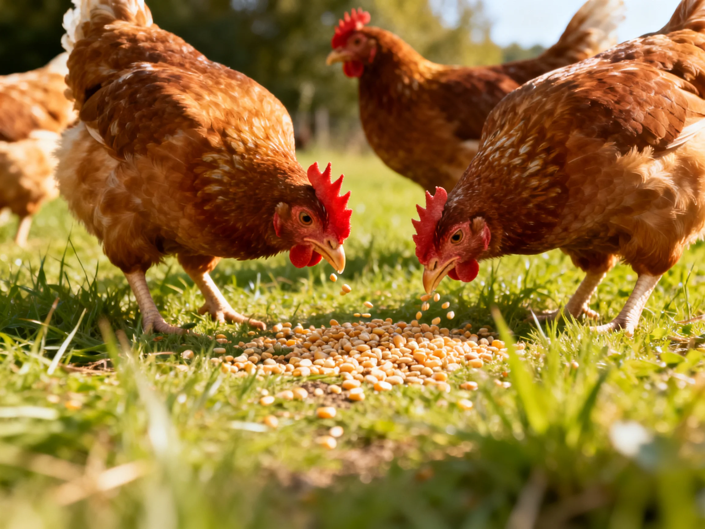 Four brown chickens pecking at grain scattered on green grass