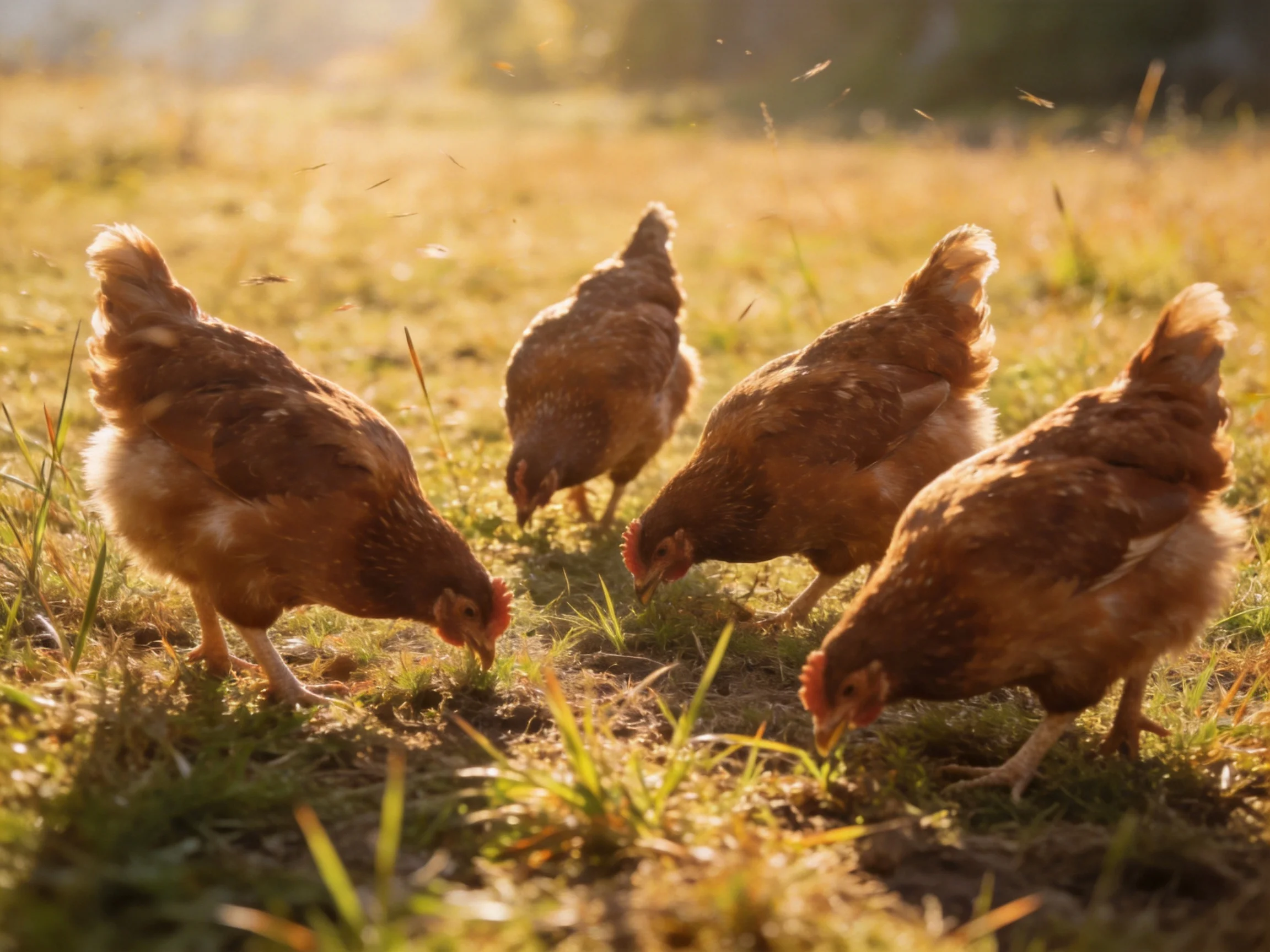Four brown chickens pecking at grass in a sunlit field