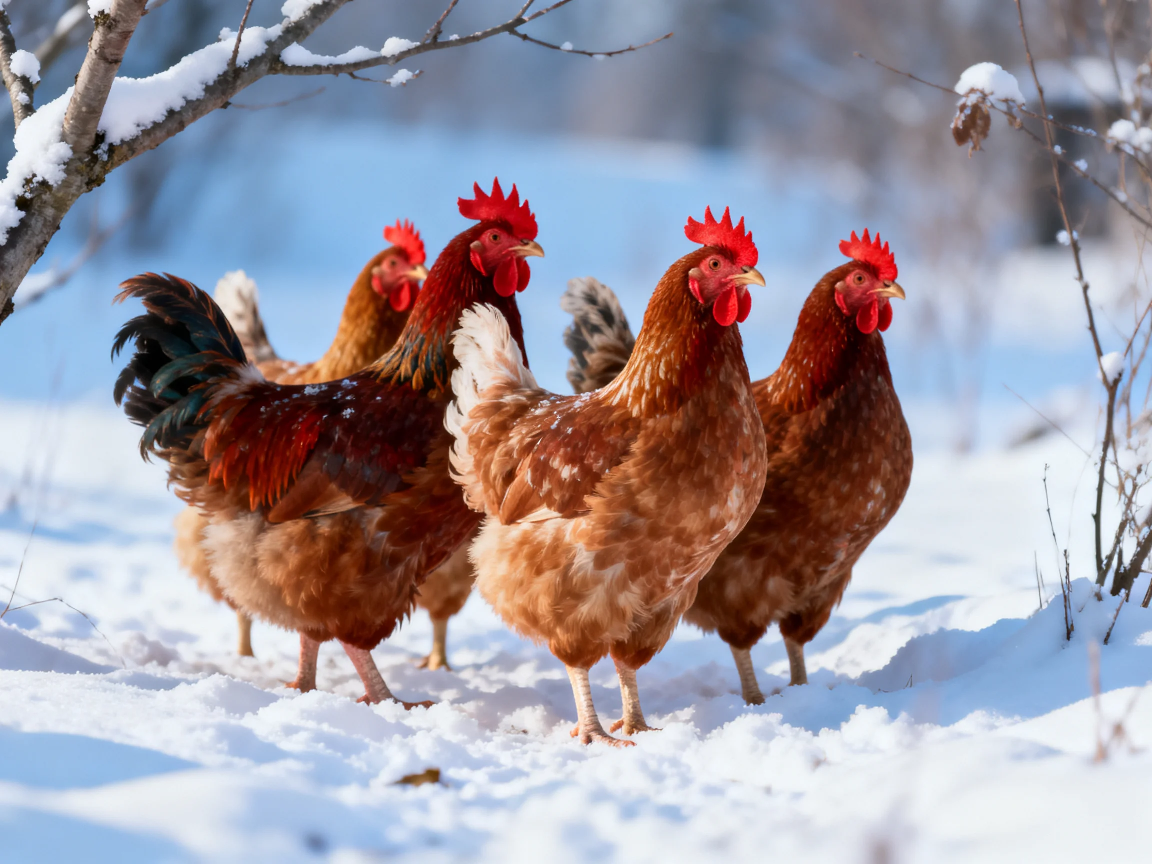 Four brown chickens with vibrant red combs walk through a snow-covered landscape