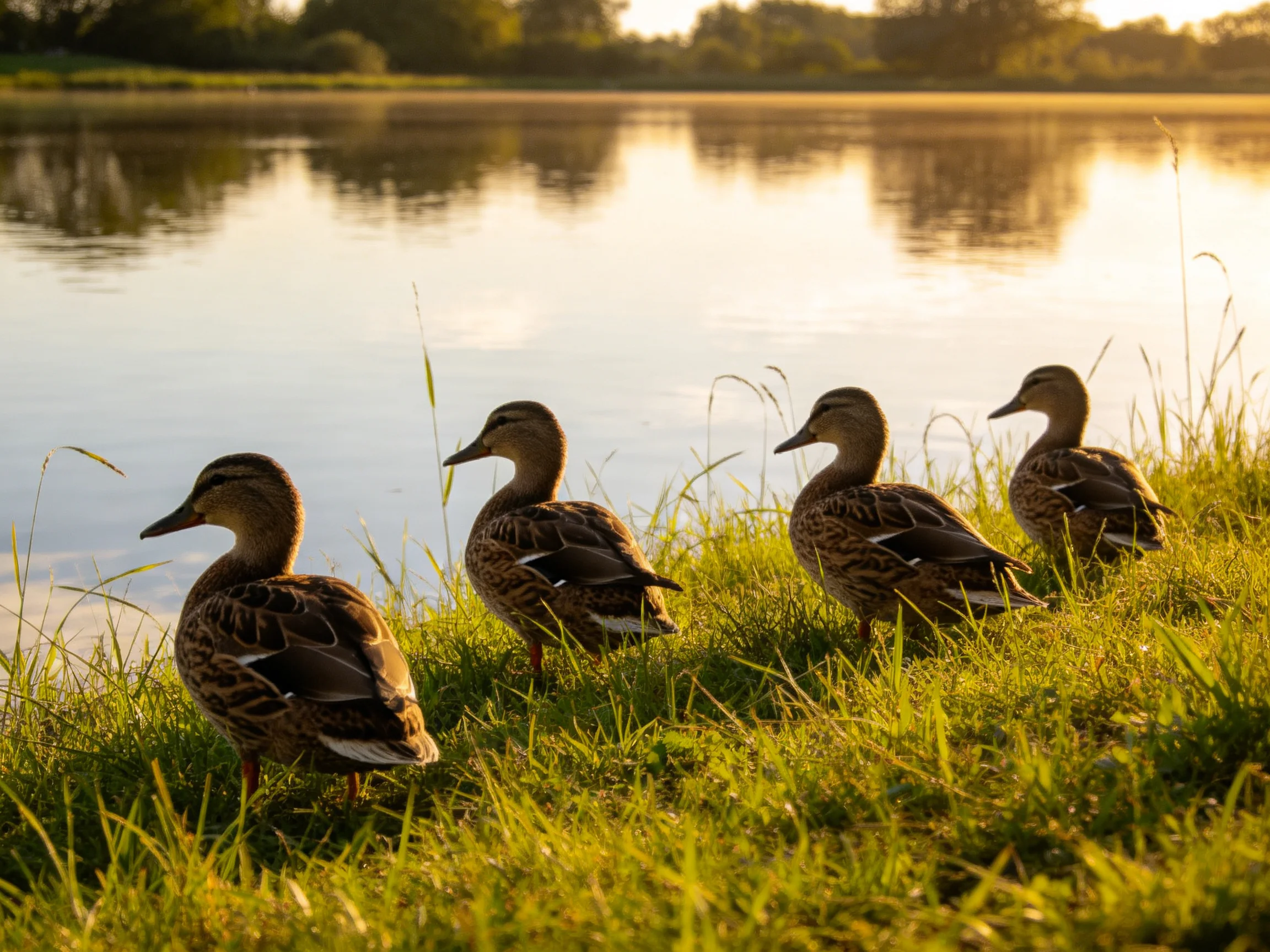 Four brown ducks stand on lush green grass by a calm lake during golden hour