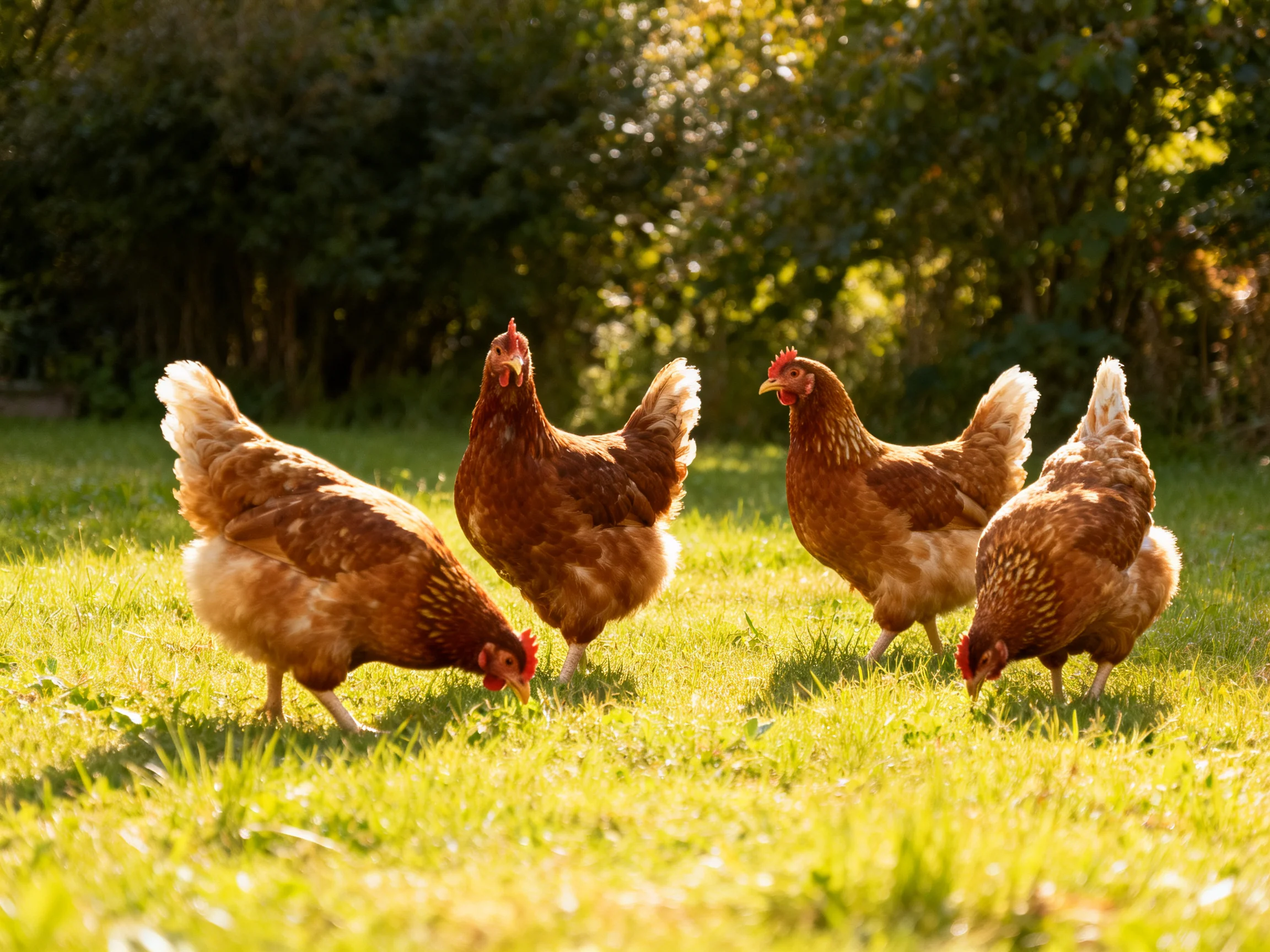Four brown hens foraging in a sunlit green pasture