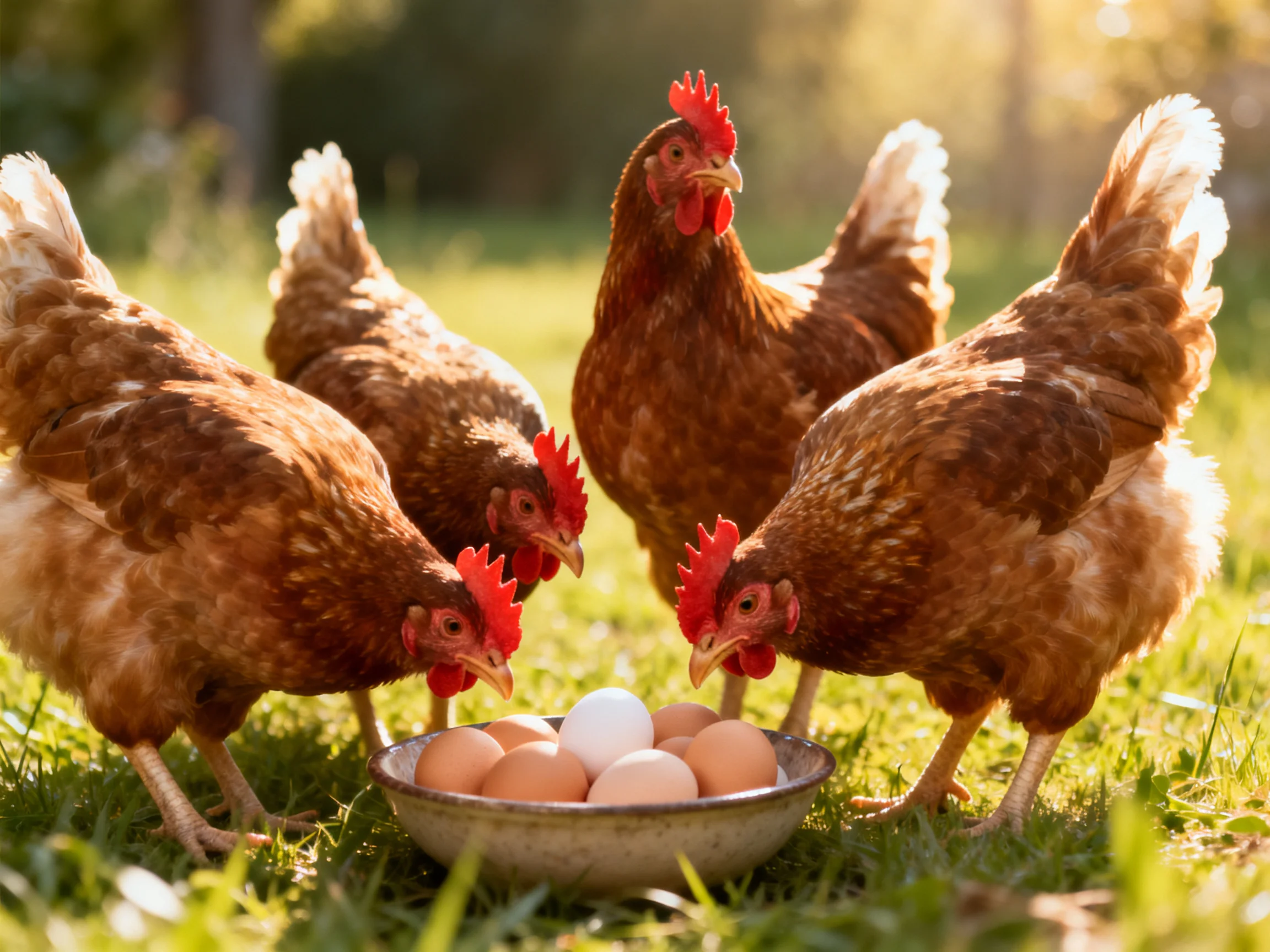 Four brown hens gather around a bowl of mixed - colored eggs outdoors