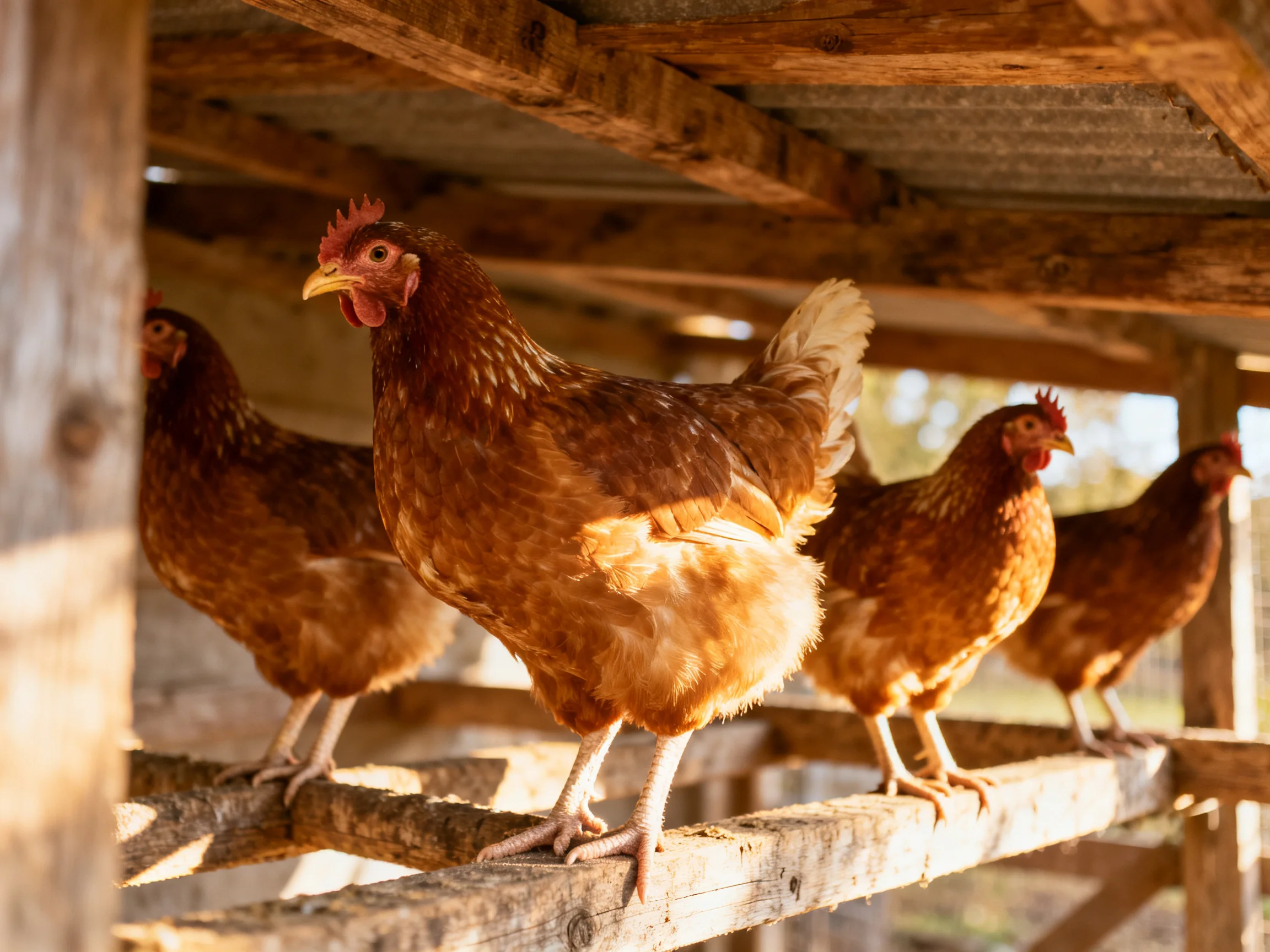 Four brown hens standing on wooden perches inside a rustic chicken coop