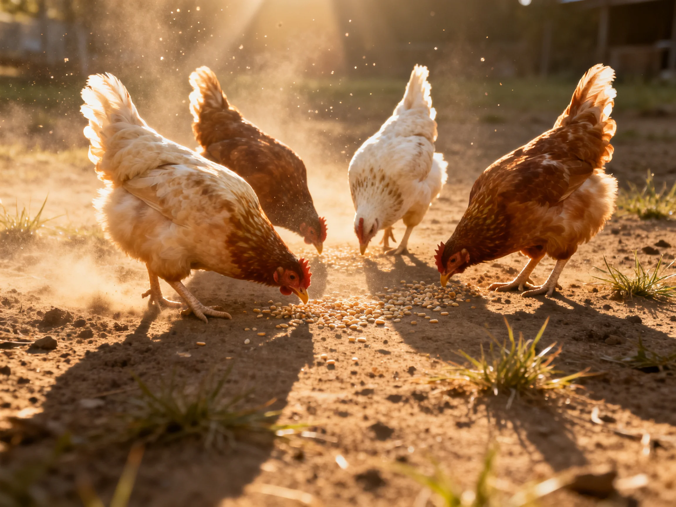 Four chickens, brown and white, pecking seeds on a dusty farm