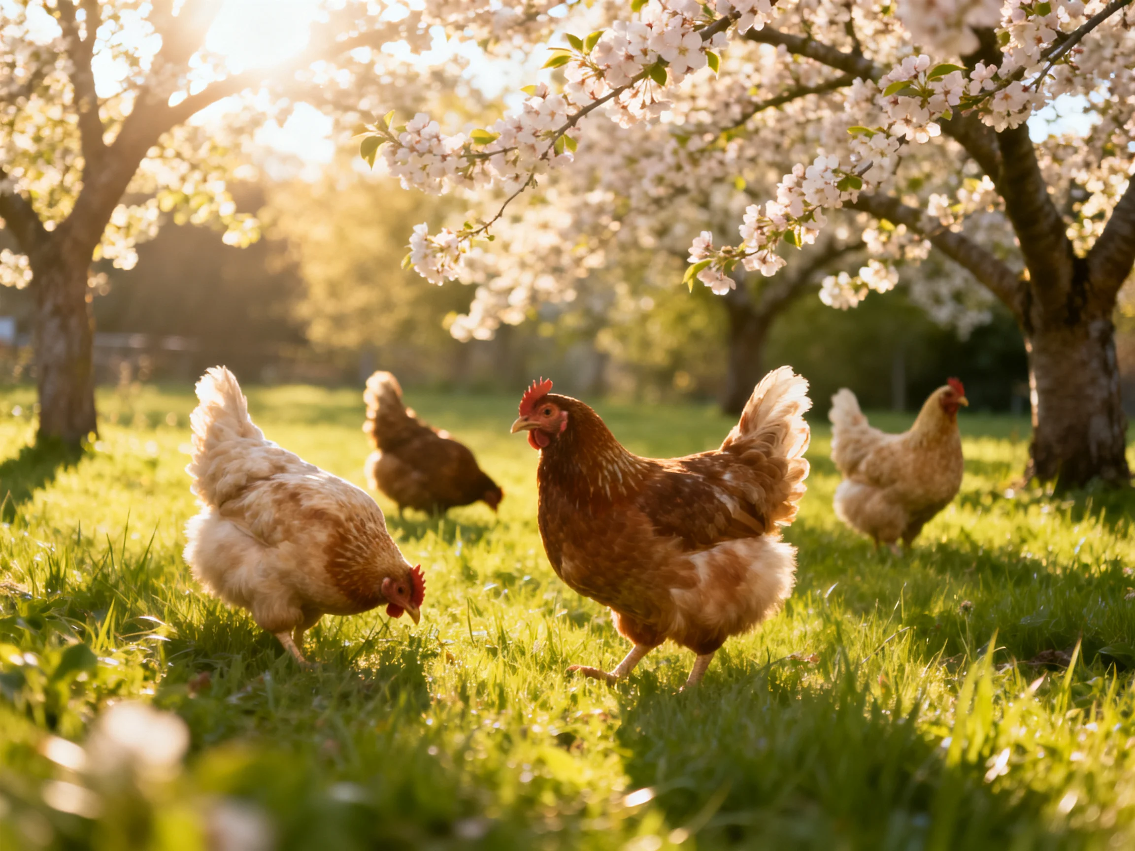 Four chickens foraging in a sunlit orchard with blooming trees